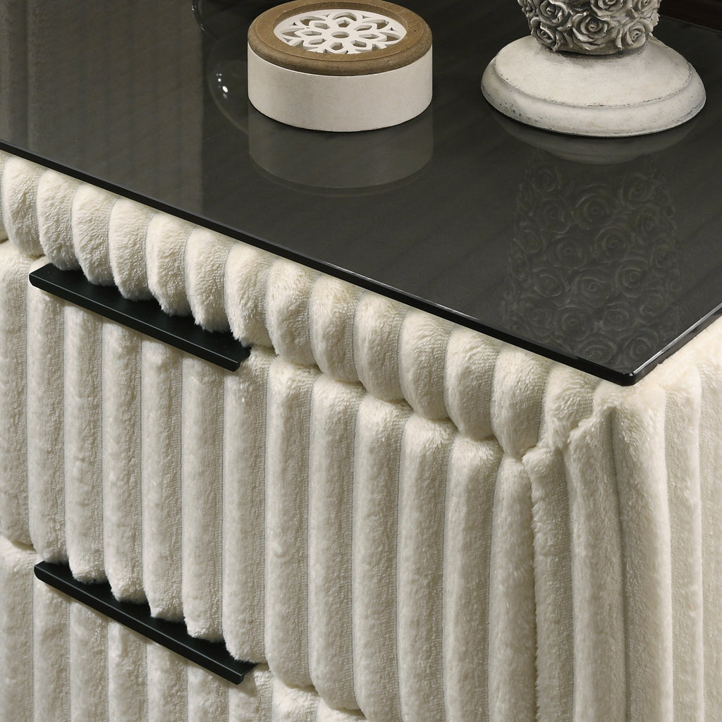 Mavela Wide Wale Corduroy Upholstery Panel Queen Bed with 2 Nightstands, Cream
