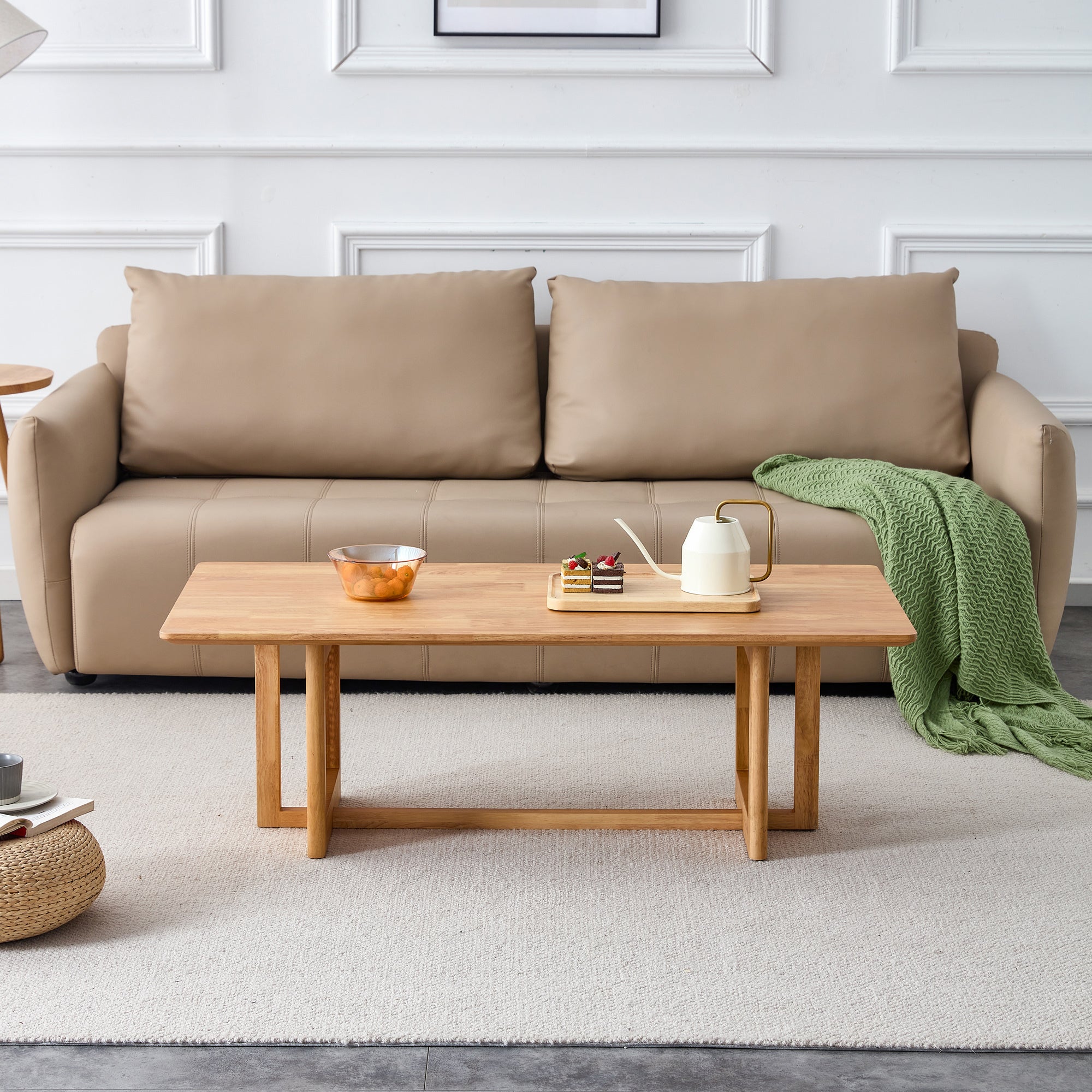 Natural rubber wood and solid wood coffee table  Modern minimalist rattan weaving design, living room balcony, multifunctional small-sized furniture