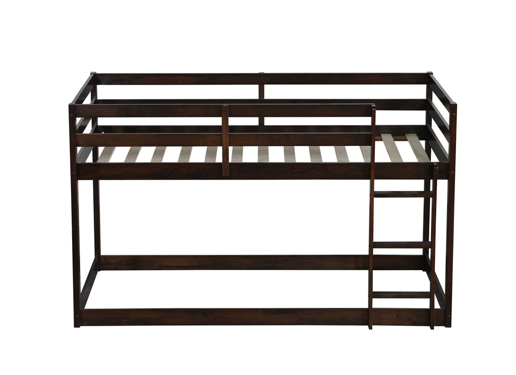 Solid Wooden, Solid Rubber Wooden Twin over Twin Floor Bunk Bed with Ladder, with Bed Platform of Strengthened Slats  , Espresso