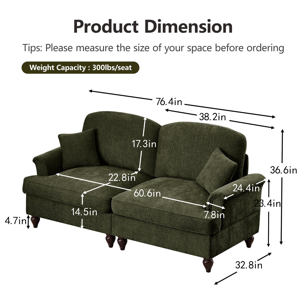 Classic 2 Piece Modular Couch Living Room Sofa Set with Flared Arms and Removable Ruffles Pleats Skirts and Spindle Legs, 3 Seater Sofa + 2-Seat Loveseat Sofa Sets for Living Room,Green