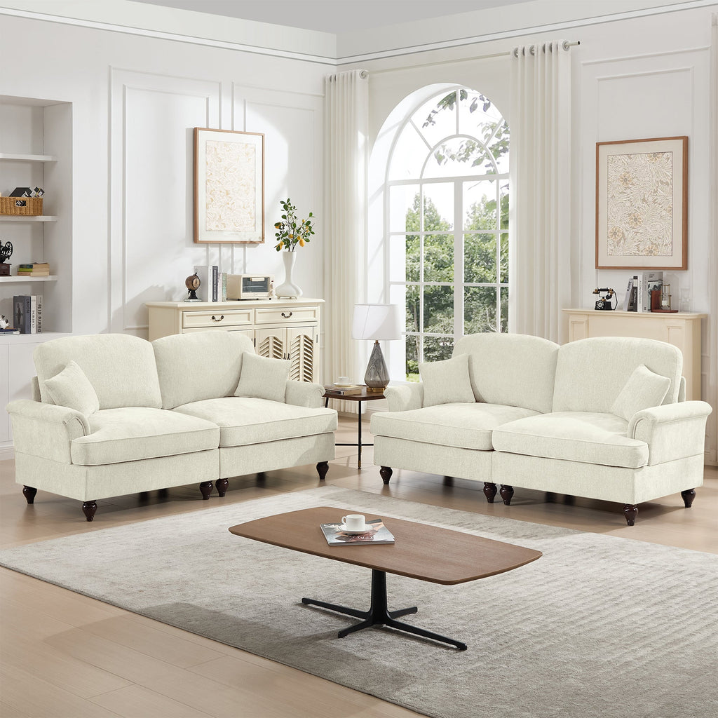 Classic 2 Piece Modular Couch Living Room Sofa Set with Flared Arms and Removable Ruffles Pleats Skirts and Spindle Legs, 2 Seater Sofa + 2-Seat Loveseat Sofa Sets for Living Room, Beige White