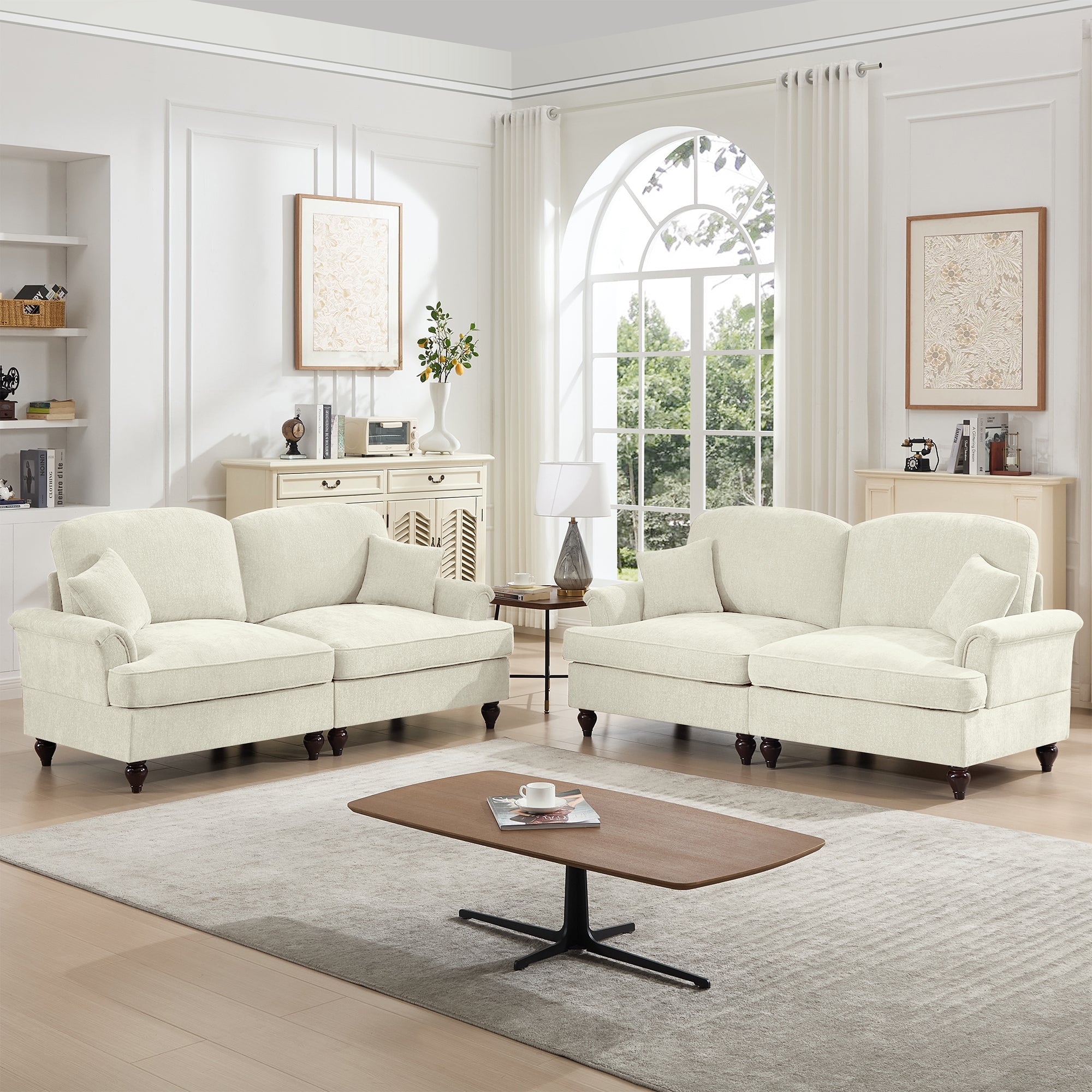 Classic 2 Piece Modular Couch Living Room Sofa Set with Flared Arms and Removable Ruffles Pleats Skirts and Spindle Legs, 2 Seater Sofa + 2-Seat Loveseat Sofa Sets for Living Room, Beige White
