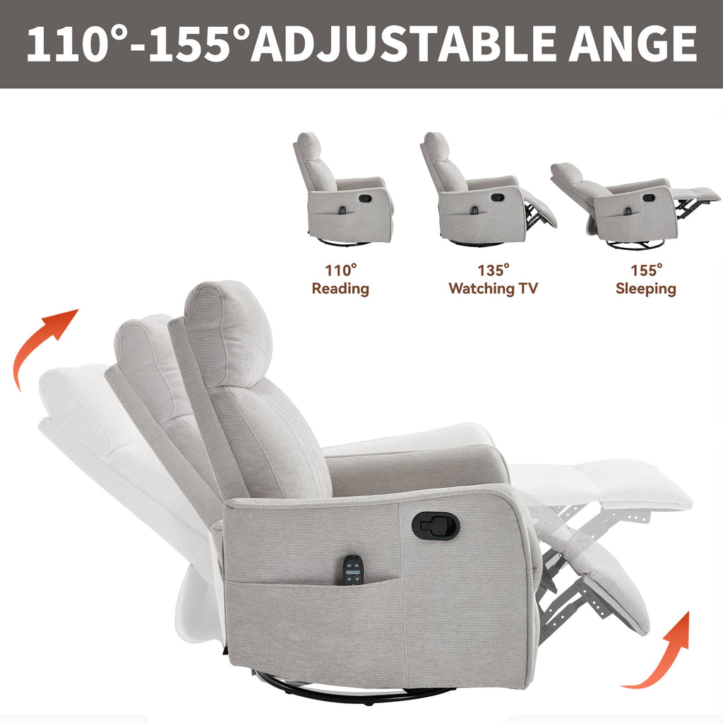 Light Grey Heat Massage Manual Recliner Chair with Rocker and Swivel in Fabric for Living Room