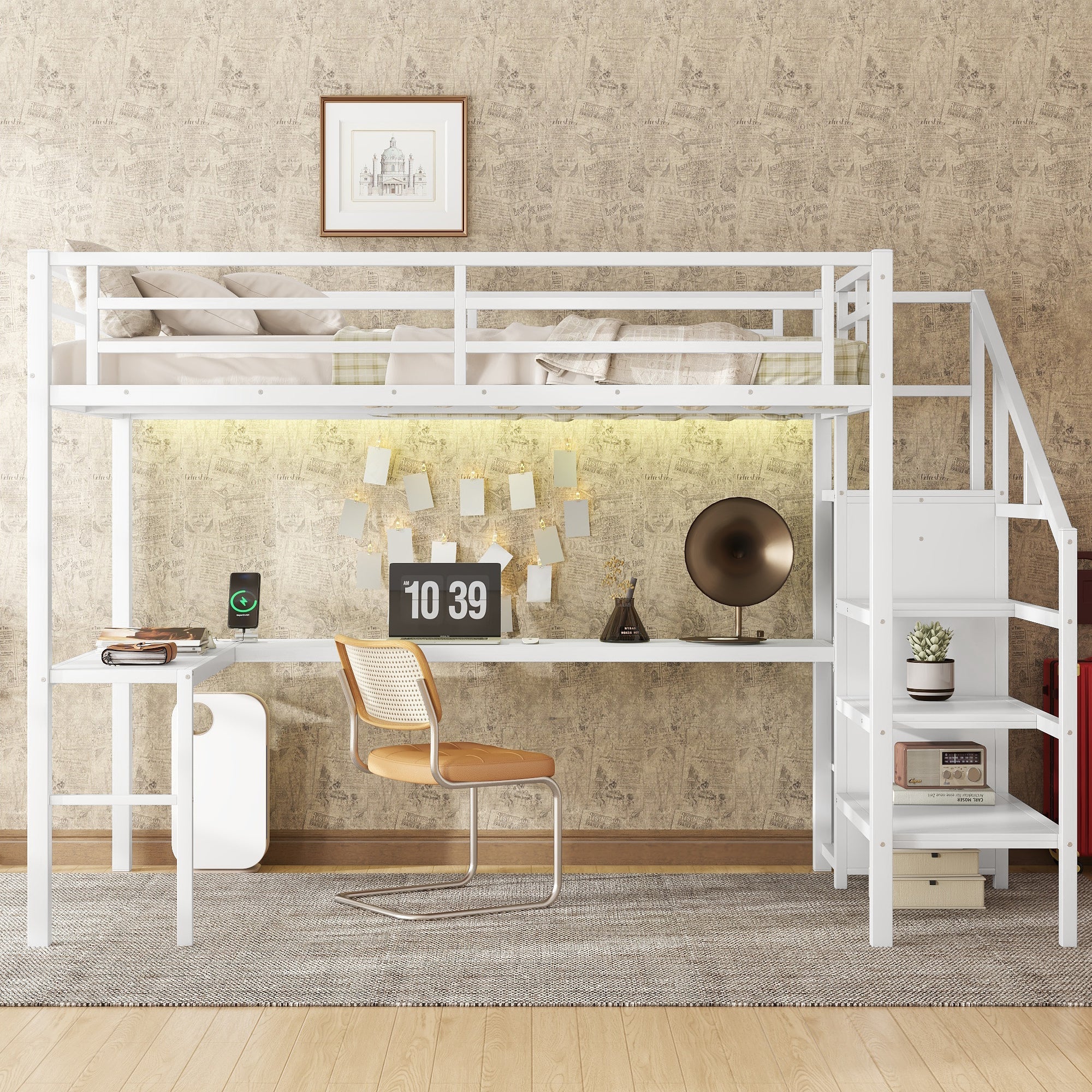 Full Size Loft Bed with L-shaped Desk and USB, Metal Loft Bed with Wardrobe and Adjustable Shelf, High Loft Bed with LED for Kids Teens Adults, White