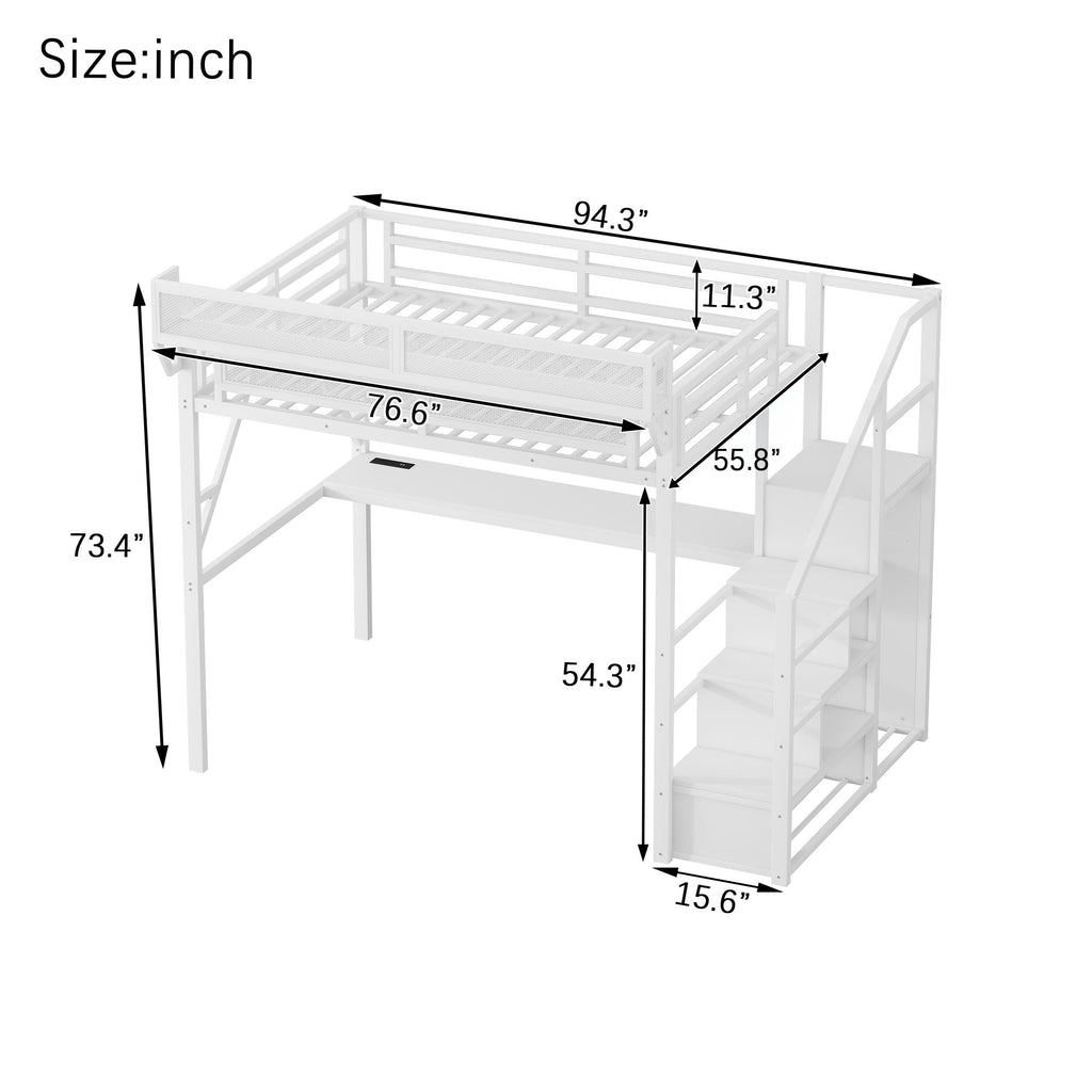 Full Loft Bed with Desk and Charging Station, Full Size Metal Loft Bed with Stairs and Light for Kids Teens,White OLD  SKU W2580S00046