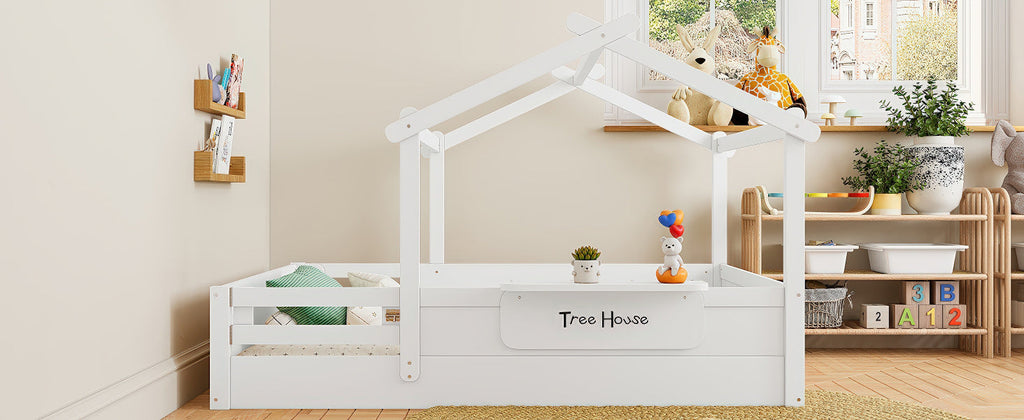 Full Size Floor Bed with Guardrails and Roof, Kids House Floor Bed with a Small Built-in Tray and Free-installed Signboard, Childlike Design, White