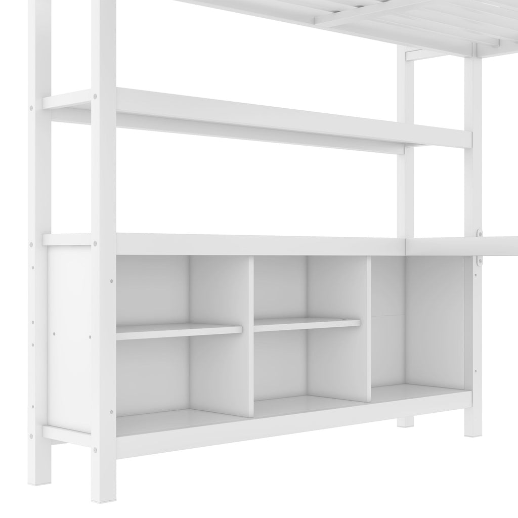 Metal Loft Bed with Wardrobe And L-shaped Desk, Queen Size Loft Bed with Storage Cubes and Shelves, Heavy Duty Loft Bed for Kids Teens Adults, White