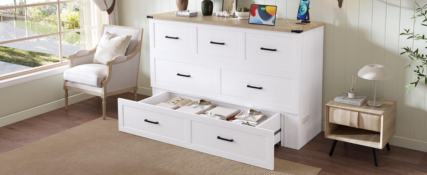 Murphy Bed Cabinet Queen Size with Charging Station, Multi-Functional Foldable Platform Bed with 1 Large Storage Drawer for Guest Room, Small Bedroom, White