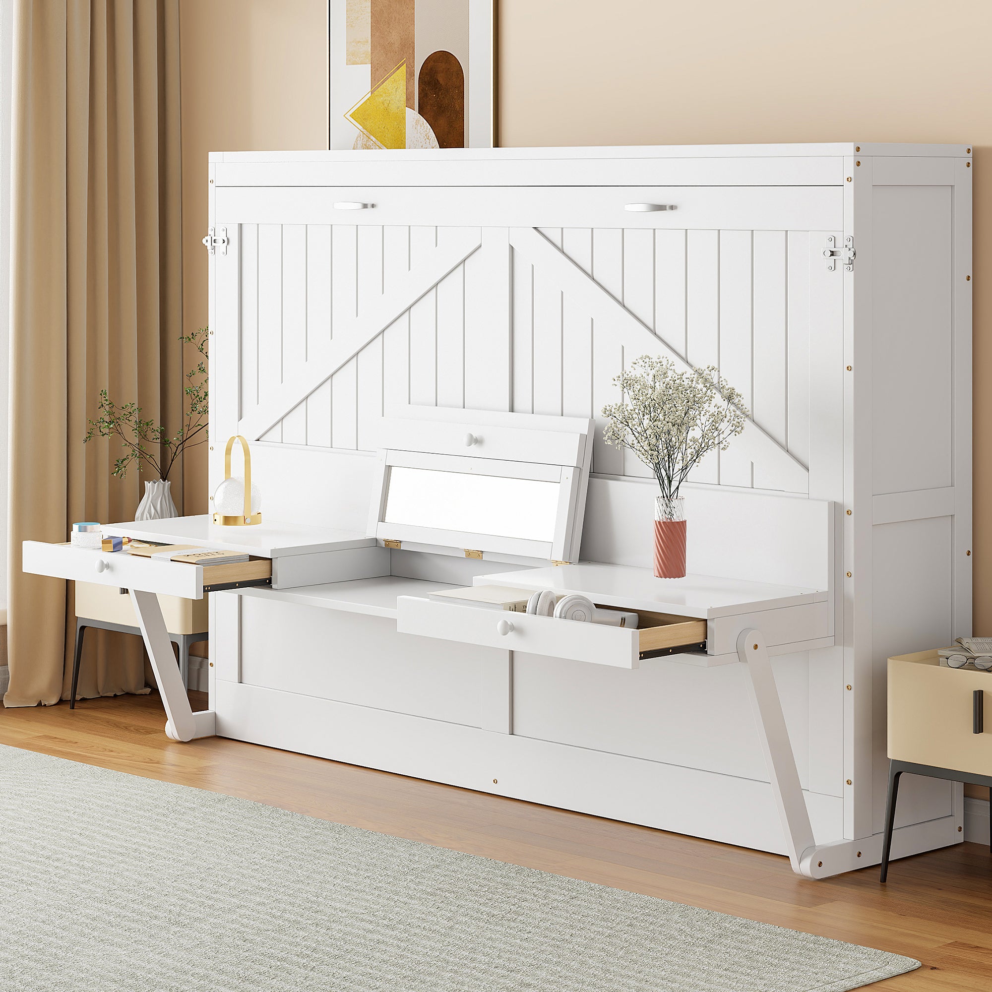 Queen Size Wall Murphy Bed with Storage, Foldable Cabinet Bed with Vanity Desk, Center Mirror & 2 Side Drawers, White