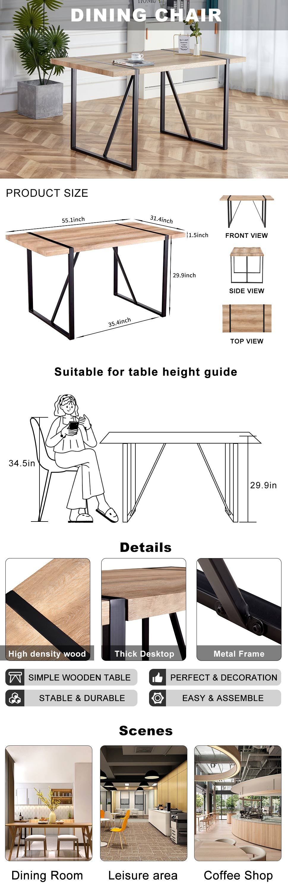 Rustic Industrial Rectangular Wood Dining Table For 4-6 Person, With 1.5' Thick Engineered Wood color Tabletop and Black Metal Legs,Desk For Kitchen Dining Living Room, 55.1' x 31.4'x 29.9'1529W115172