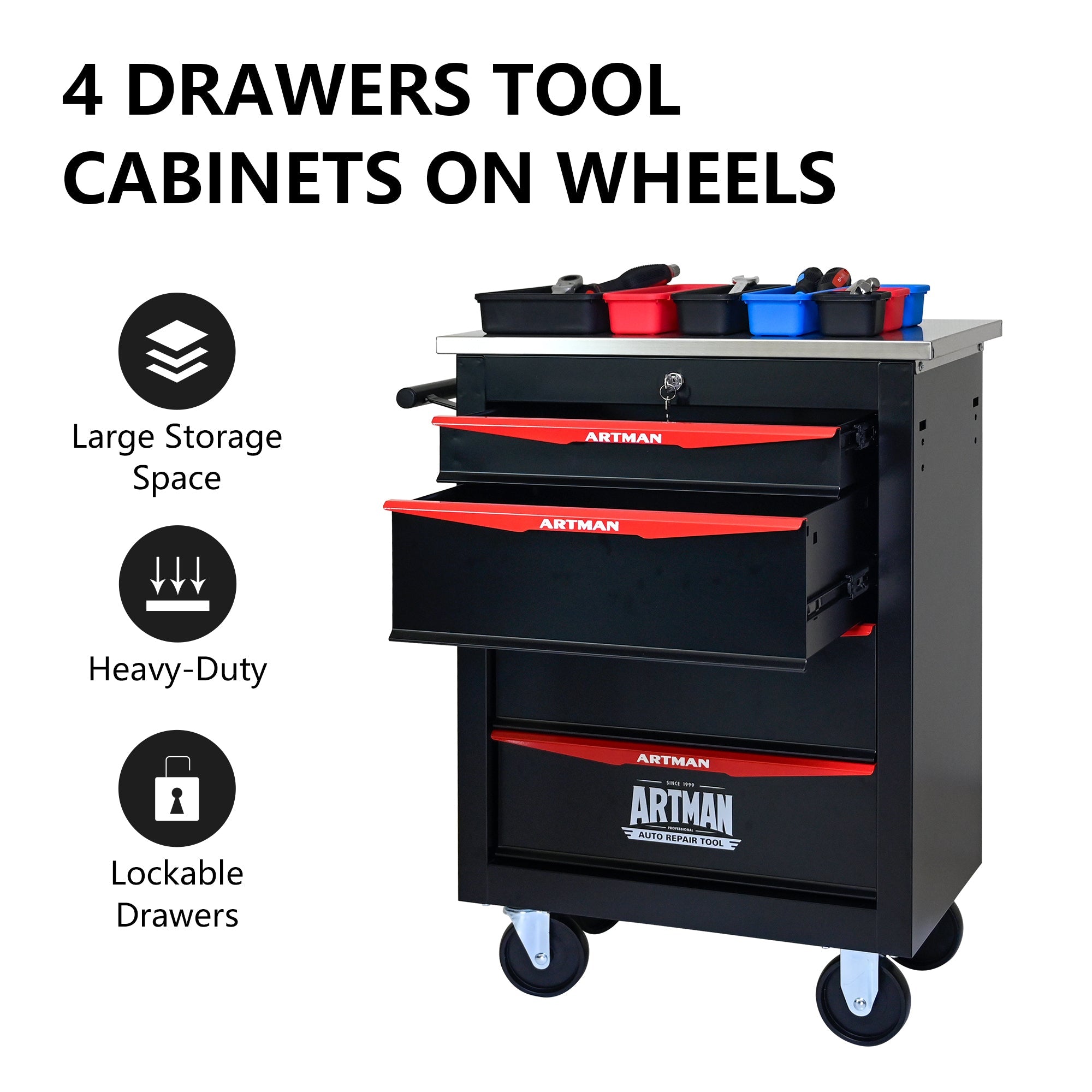 4-Drawer Multifunctional Tool Cart with Wheels, Metal Rolling Tool Cart Storage for Garage Workshop Warehouse Repair Shop - with Stainless Steel Roof - Black & Red