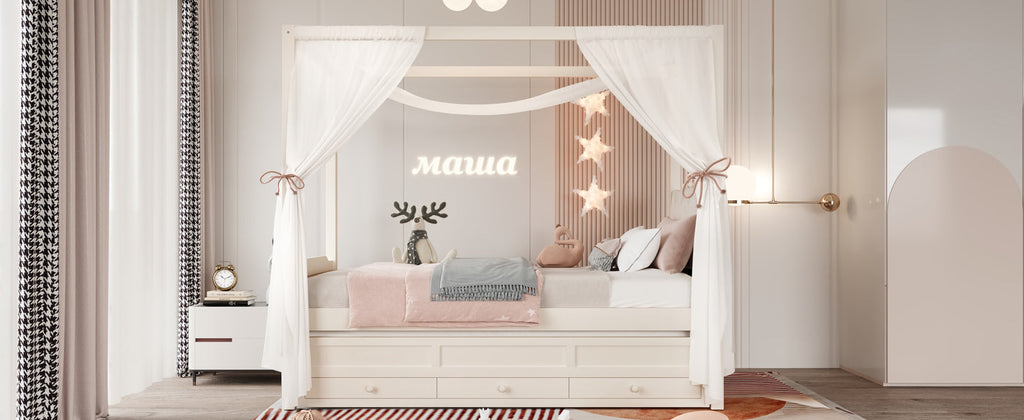 Twin Platform Bed with Upholstered Headboard,Twin Size Trundle and 3 Drawers,Princess Canopy Bed Frame for Kids,Storage & Easy Assembly,Beige