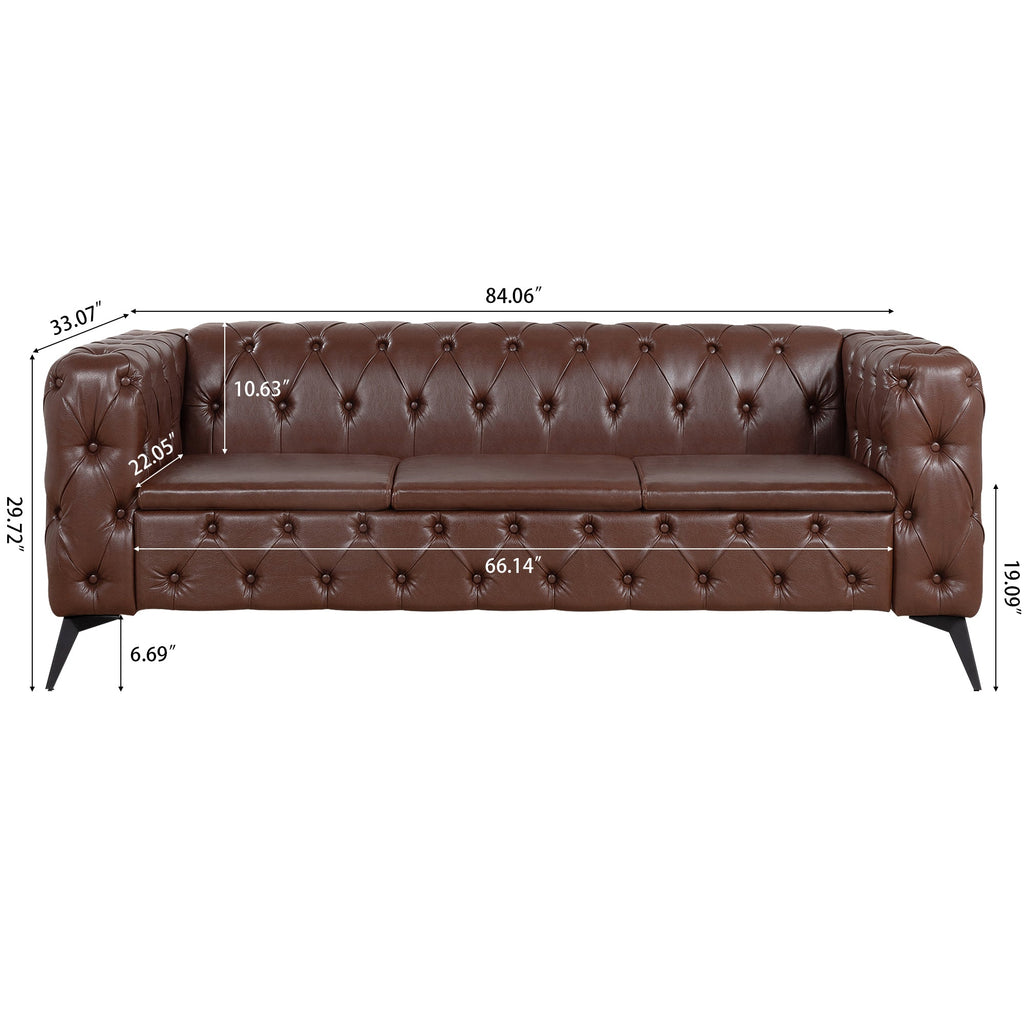 Traditional Square Arm 3-Seater Sofa with Removable Cushion, Dark Brown PU, 84.06 Inch