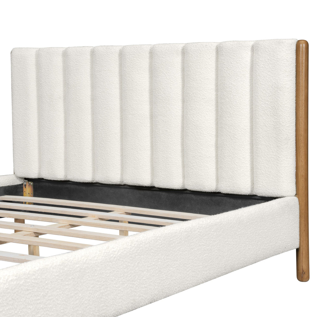 Queen Size Bed Frame with Boucle Upholstered Thick Headboard, Solid Wooden Legs, White