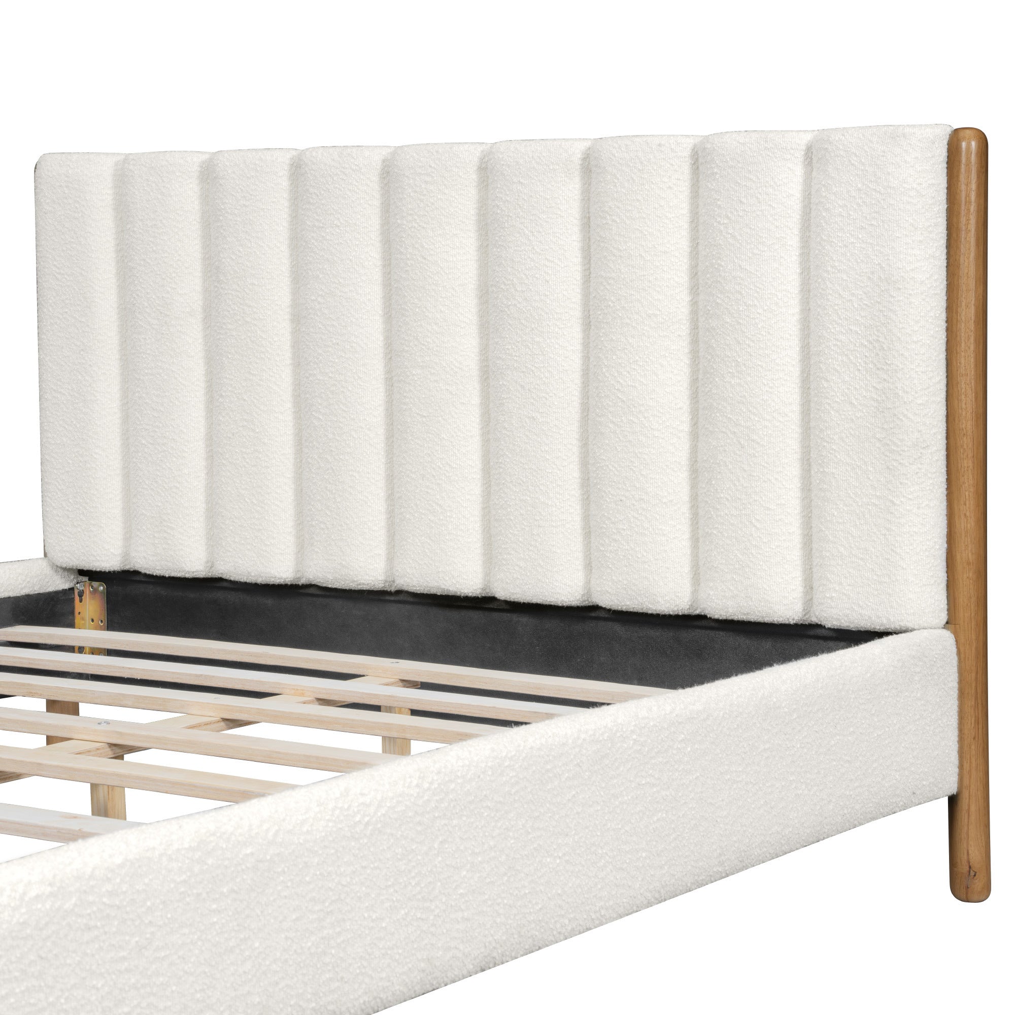 Queen Size Bed Frame with Boucle Upholstered Thick Headboard, Solid Wooden Legs, White