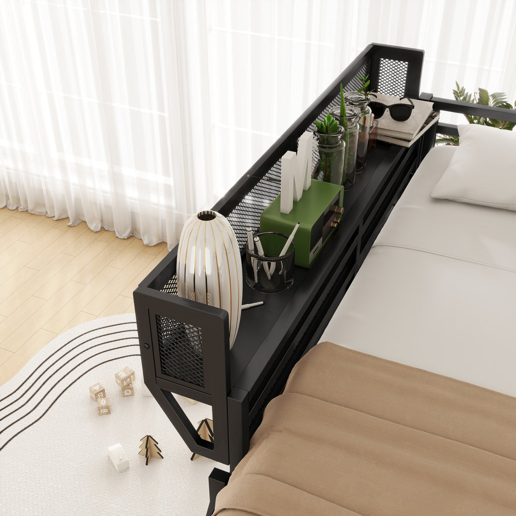 Queen Size Loft Bed with Ladder, Metal Queen Loft Bed with Storage Shelves, High Loft Bed for Kids Teens, Black(Expect Arrival Date 2025/12/3, Old SKU W2580P353530)