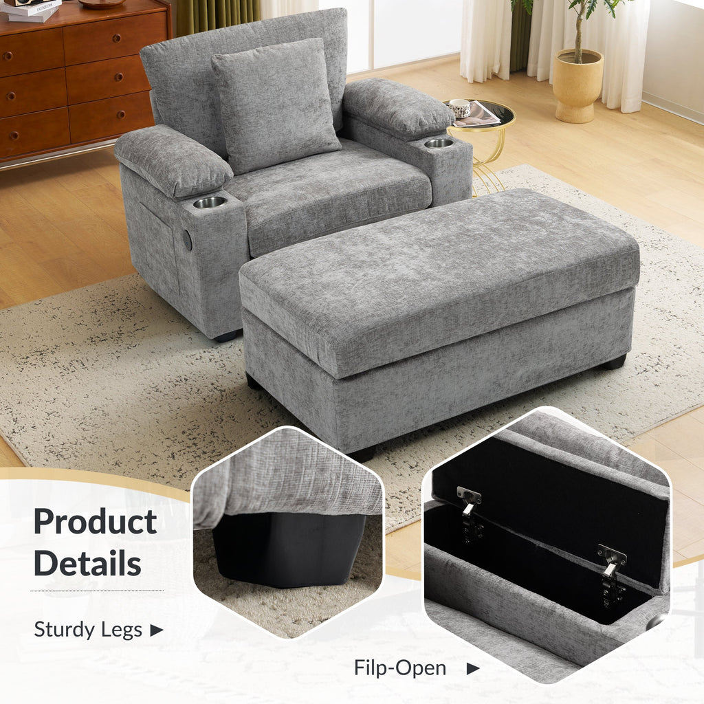 Modern Oversized Chair with Ottoman,Chenille Fabric Sofa Bed,Accent Chair Comfy Sofa with Cupholders and USB Charging Ports Chair for Living Room,Bedroom,Apartment
