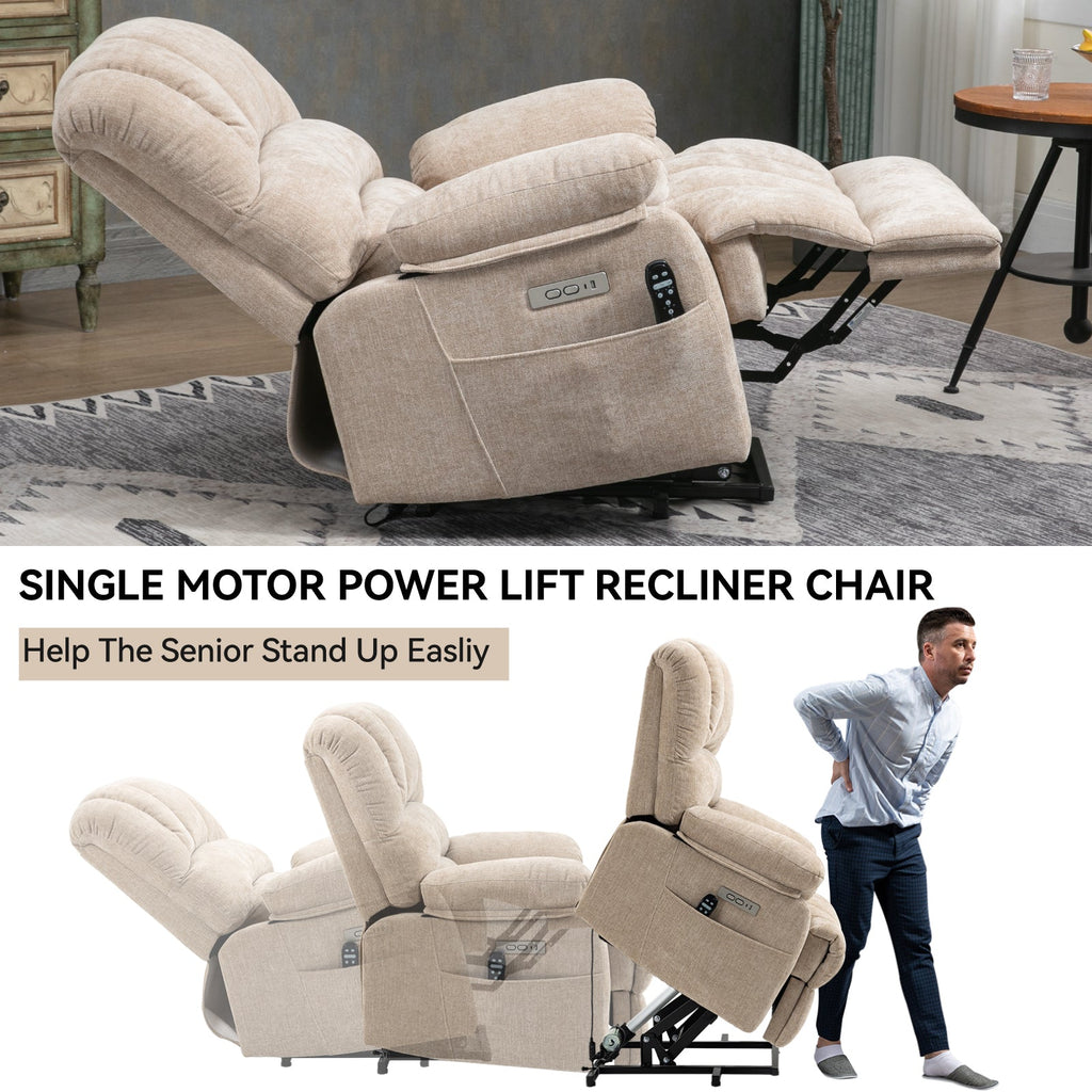23' Seat Width and High Back Large Size Beige Chenille Power Lift Recliner Chair with 8-Point Vibration Massage and Lumbar Heating
