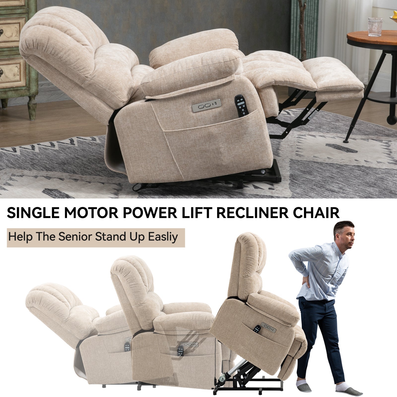 23' Seat Width and High Back Large Size Beige Chenille Power Lift Recliner Chair with 8-Point Vibration Massage and Lumbar Heating
