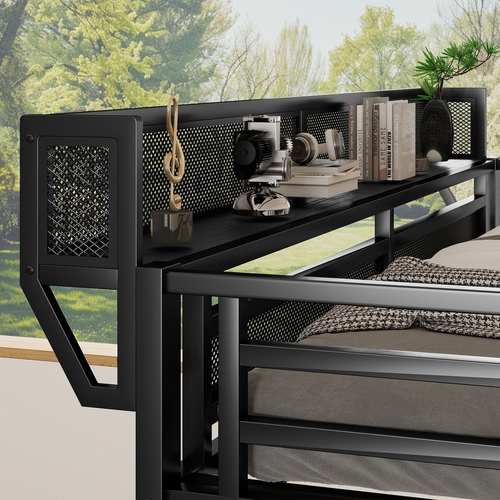 Twin XL Size Loft Bed with Stairs, Metal Full Loft Bed with Storage Shelves, High Loft Bed with Wardrobe for Kids Teens, Black(Expect Arrival Date 2025/10/14)