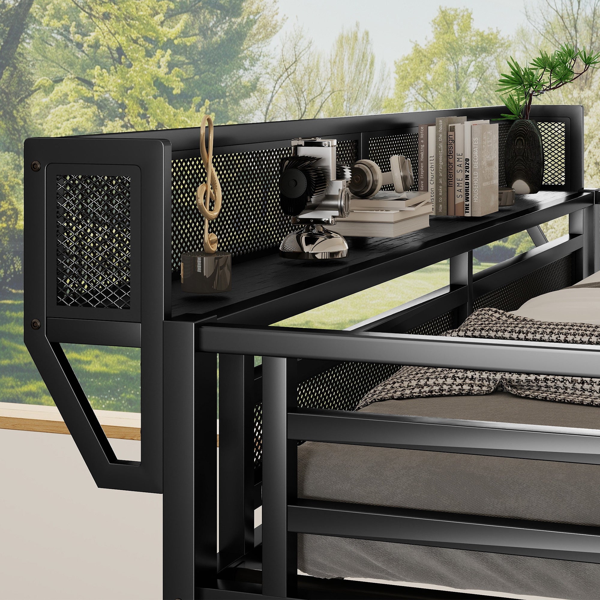 Twin XL Size Loft Bed with Stairs, Metal Full Loft Bed with Storage Shelves, High Loft Bed with Wardrobe for Kids Teens, Black(Expect Arrival Date 2025/10/14)