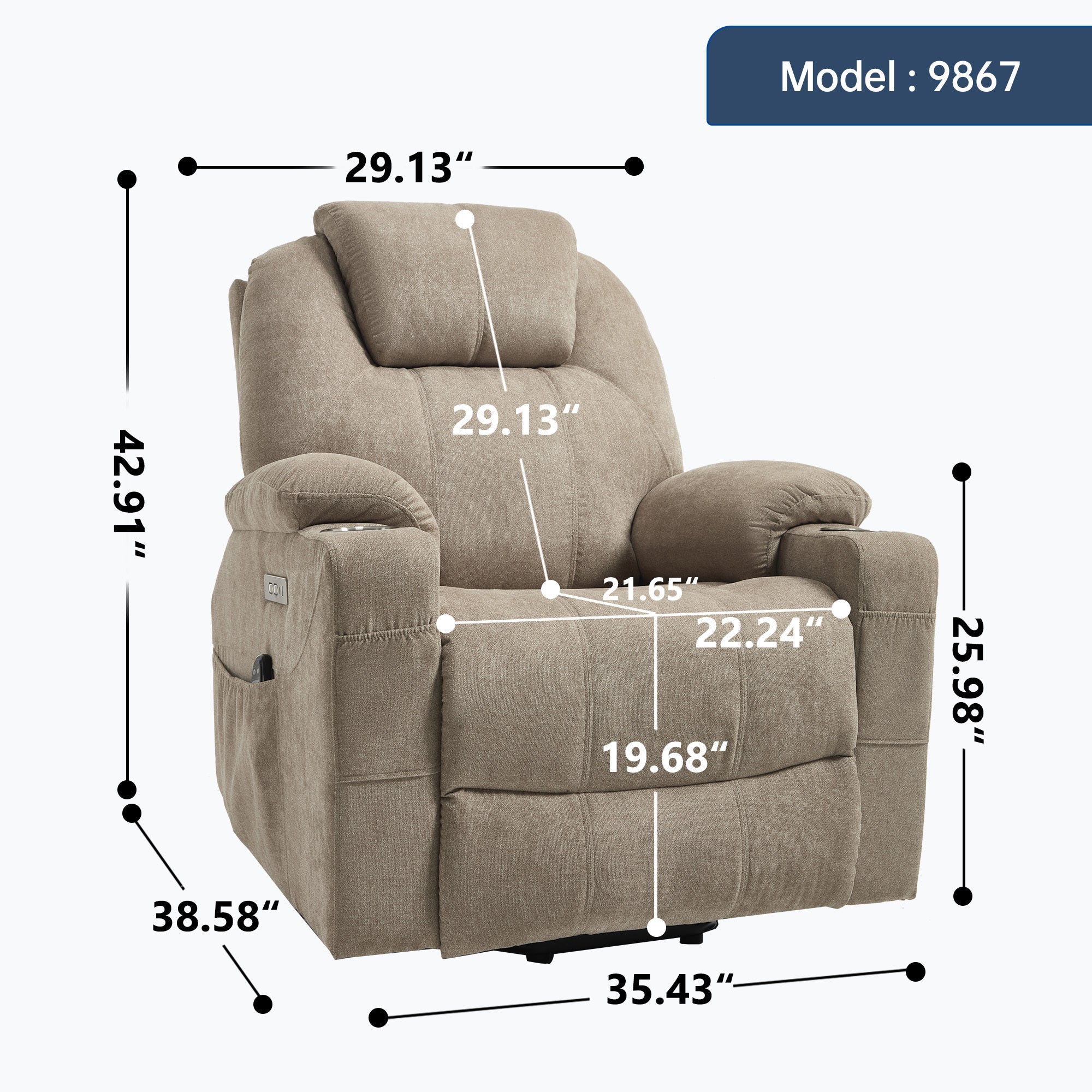 Up to 350 LBS polyester Power Lift Recliner Chair, Heavy Duty Motion Mechanism with 8-Point Vibration Massage and Lumbar Heating, USB and Type-C Ports, Stainless Steel Cup Holders, Khaki