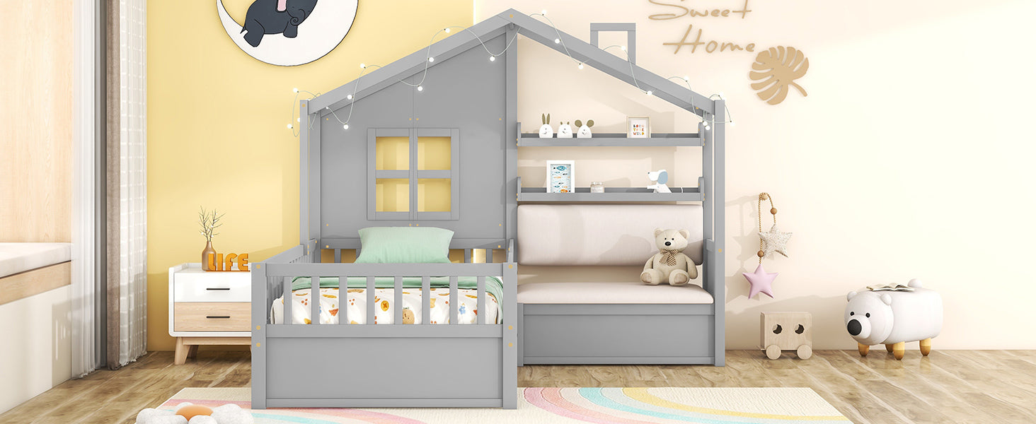 Twin Size House Bed with Sofa, Kids Platform Bed with Two Drawers and Storage Shelf, Gray (Old SKU:HL000065AAE)