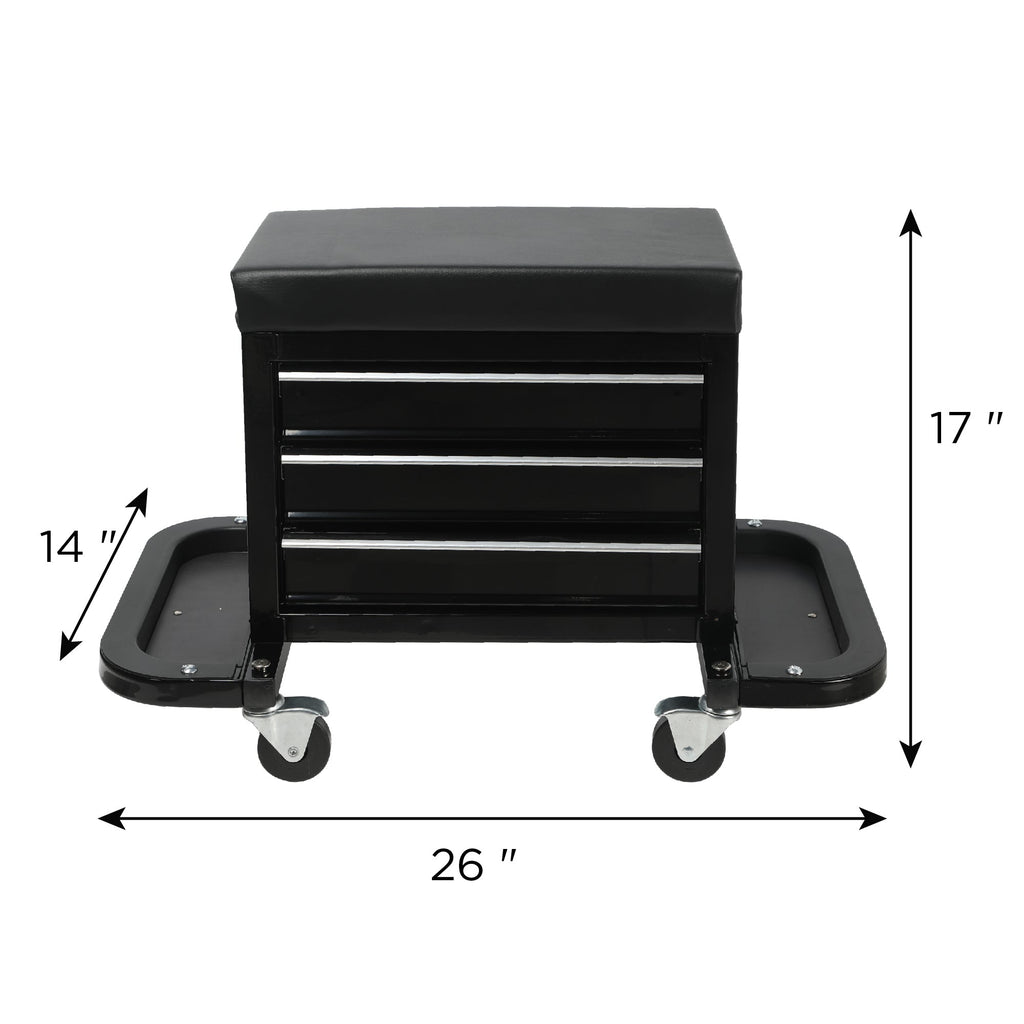 3-Drawer Tool Chest Rolling Mechanic Seat with Tool Trays,350lbs Max Weight Capacity,Black
