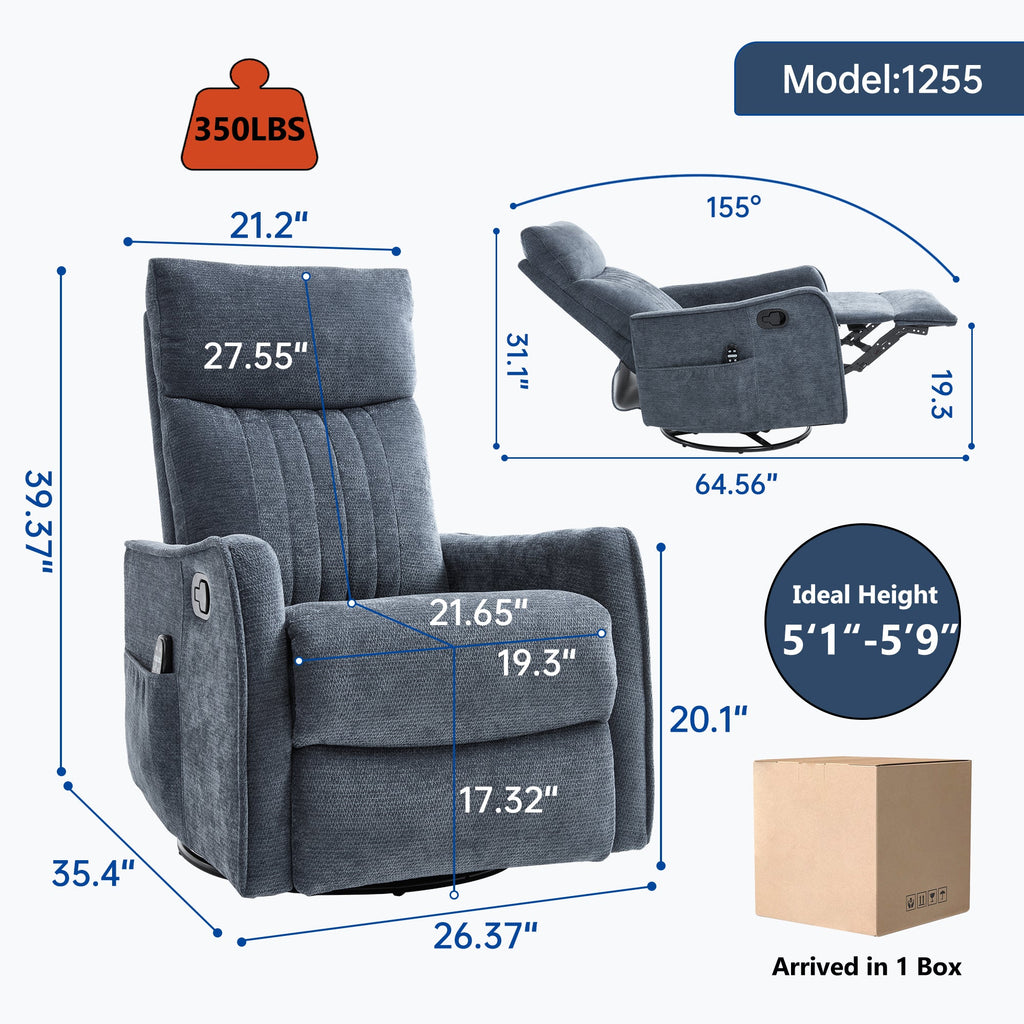 Blue Heat Massage Manual Recliner Chair with Rocker and Swivel in Fabric for Living Room