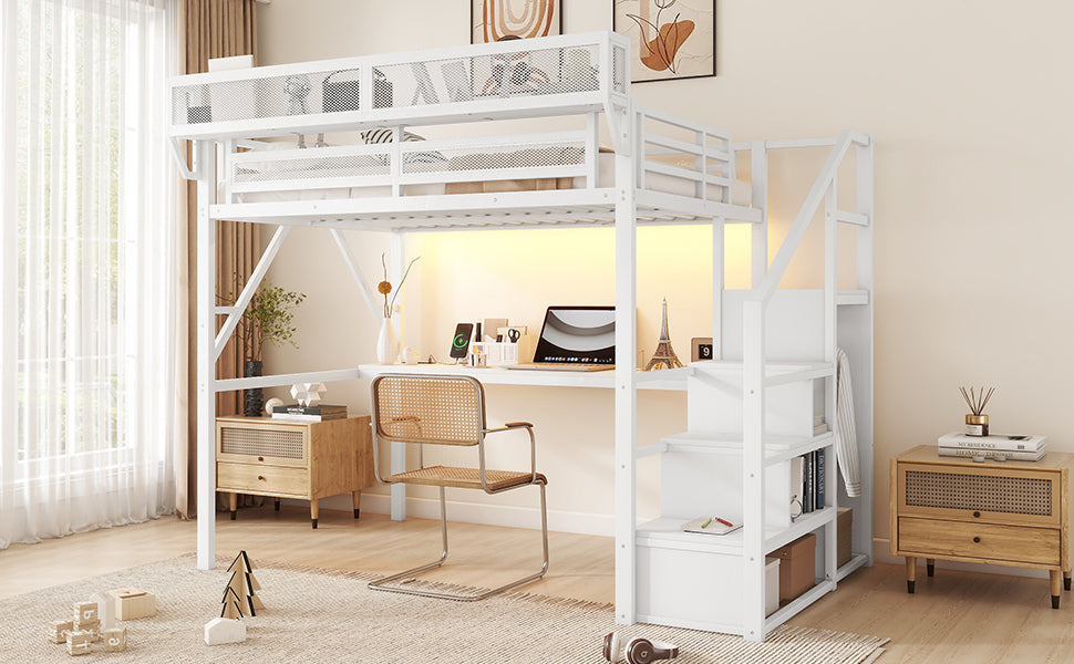 Full Loft Bed with Desk and Charging Station, Full Size Metal Loft Bed with Stairs and Light for Kids Teens,White OLD  SKU W2580S00046