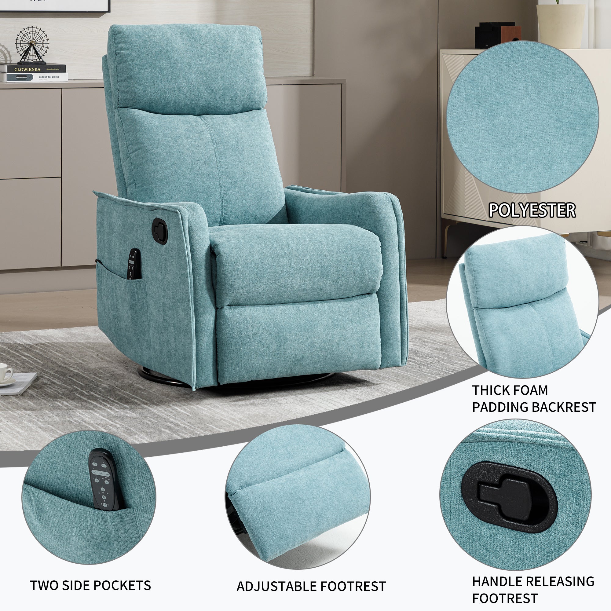 Heat Massage Manual Recliner Chair with Rocker and Swivel in Fabric for Living Room, Blue-Green