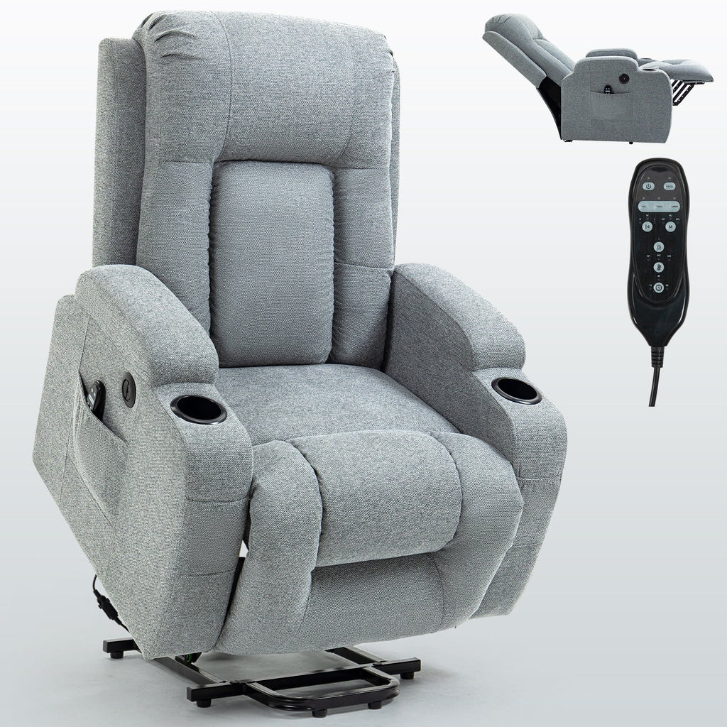 Infinite Position Single Motor Up to 350 LBS Power Lift Recliner Chair for Elderly, Heavy Duty Motion Mechanism with 8-Point Vibration Massage and Lumbar Heating, USB Charging Port, Cup Holders, Grey