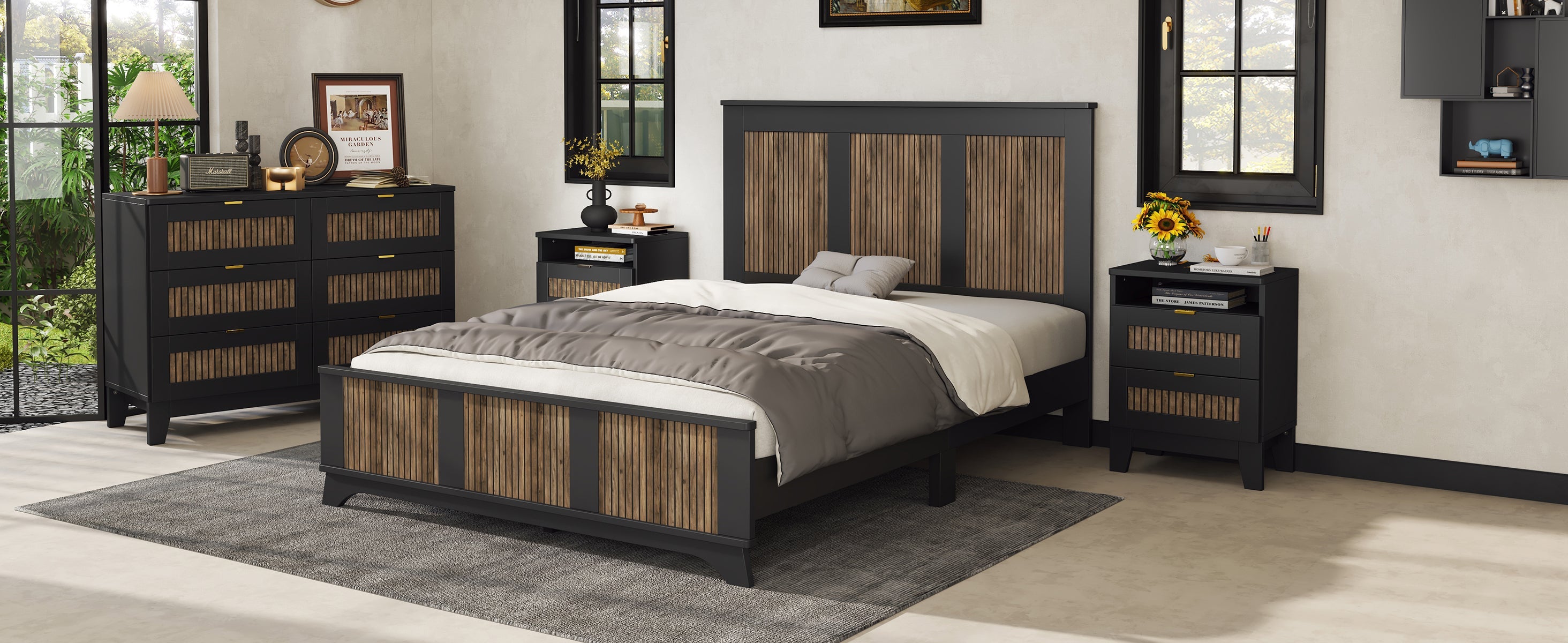 4-Pieces Bedroom Sets, Queen Size Farmhouse Platform Bed with Wooden Strip Stickers Decoration, Storage Nightstand and Dresser with Metal Handle, Black(Old SKU: HL000191AAB)