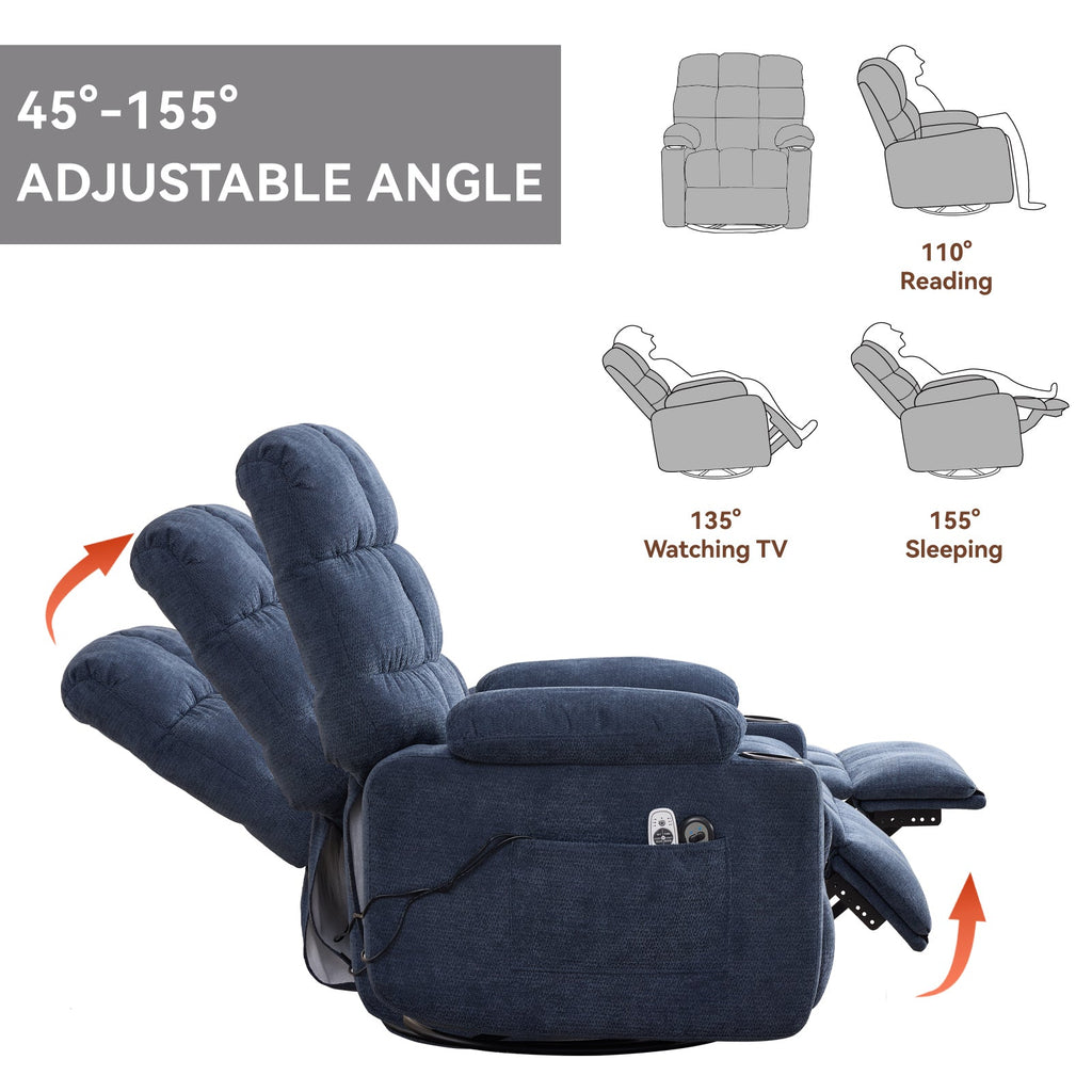Heat Massage Manual Recliner Chair with Rocker and Swivel in Fabric for Living Room, Blue