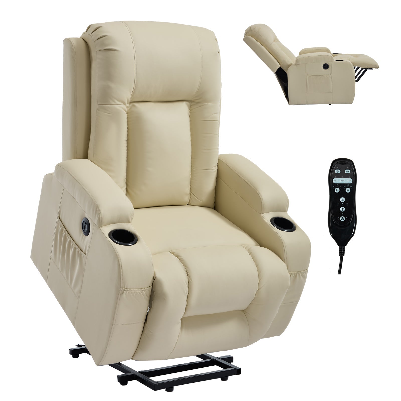 Beige PU Infinite Position Up to 350 LBS Power Lift Recliner Chair for Elderly, Heavy Duty Motion Mechanism with 8-Point Vibration Massage and Lumbar Heating, USB Charging Port, Cup Holders