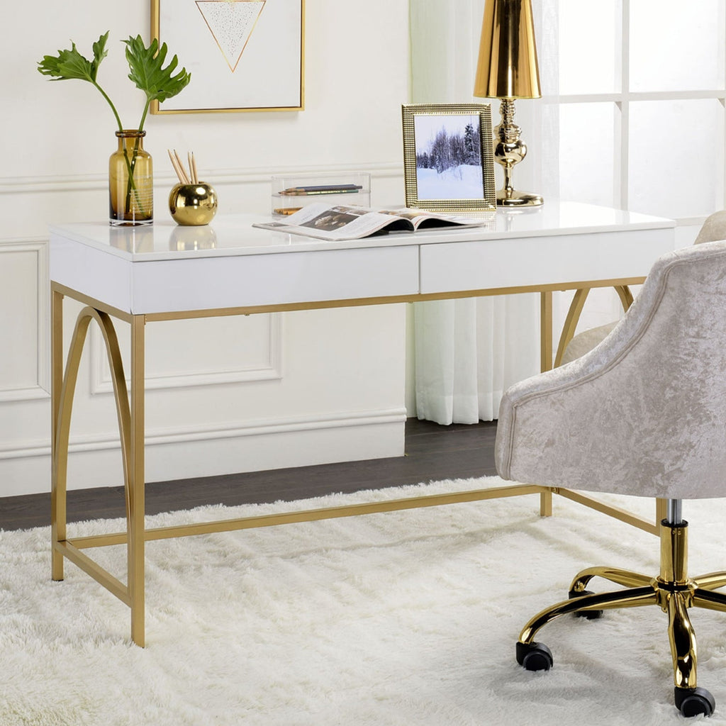 2 Drawers Writing Desk with Metal Trestle Base, White High Gloss and Gold