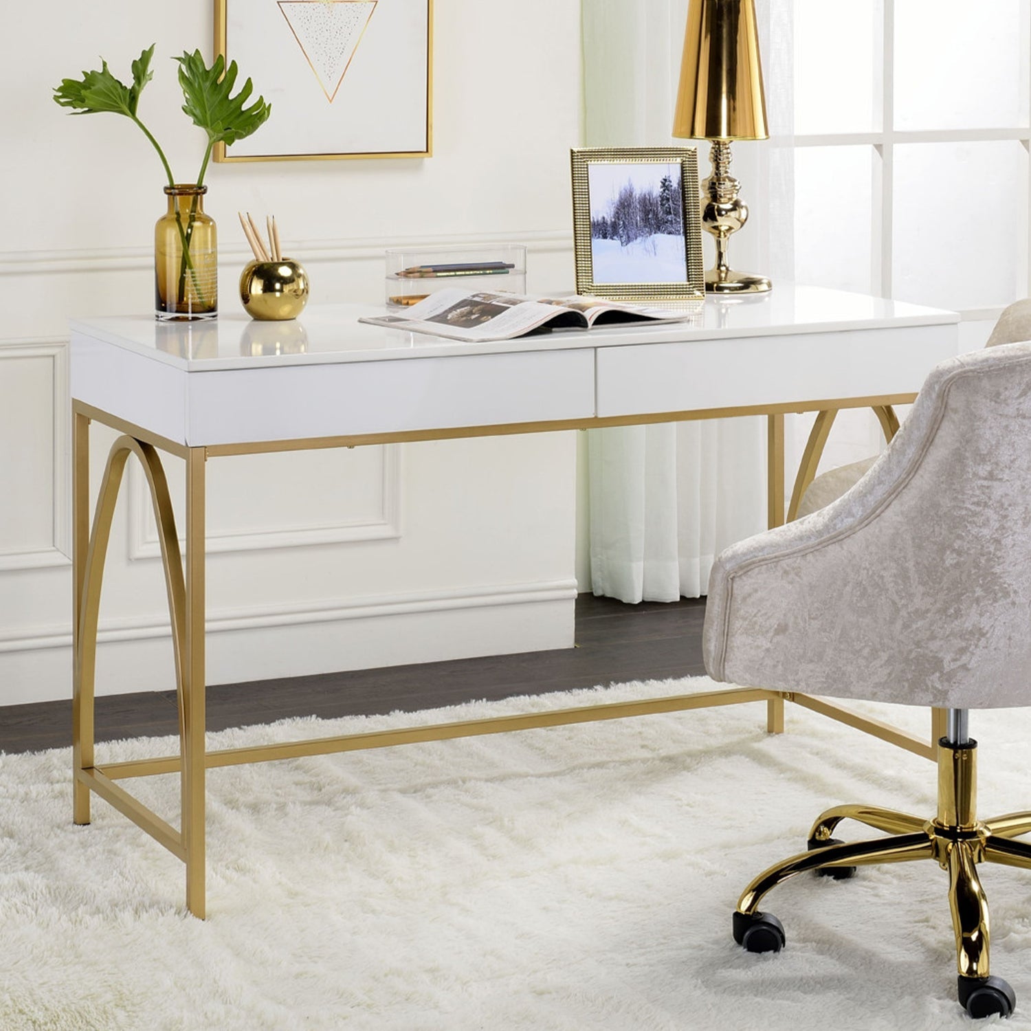 2 Drawers Writing Desk with Metal Trestle Base, White High Gloss and Gold