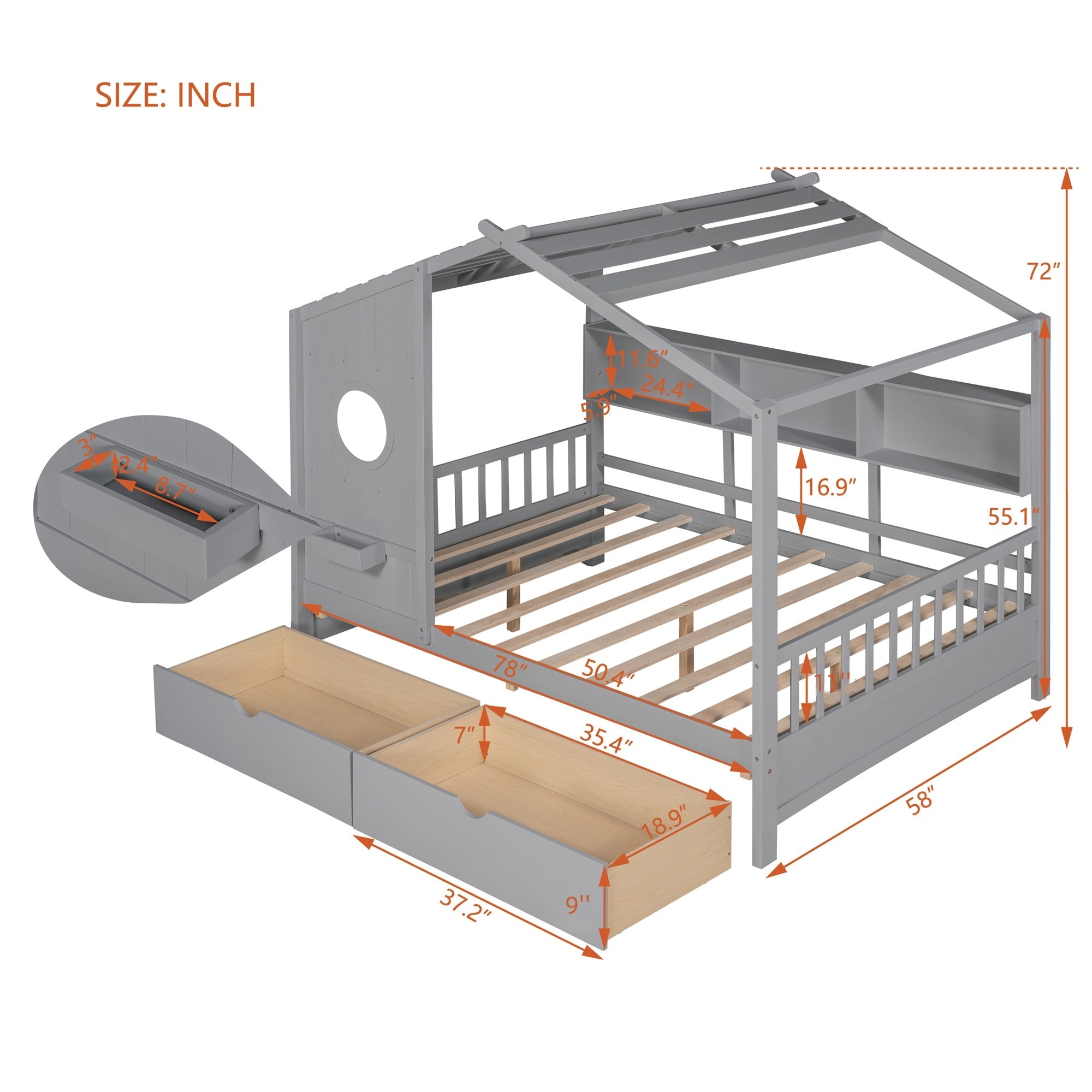 Wooden Full Size House Bed with 2 Drawers,Kids Bed with Storage Shelf, Gray(Old SKU: HL000052AAE)