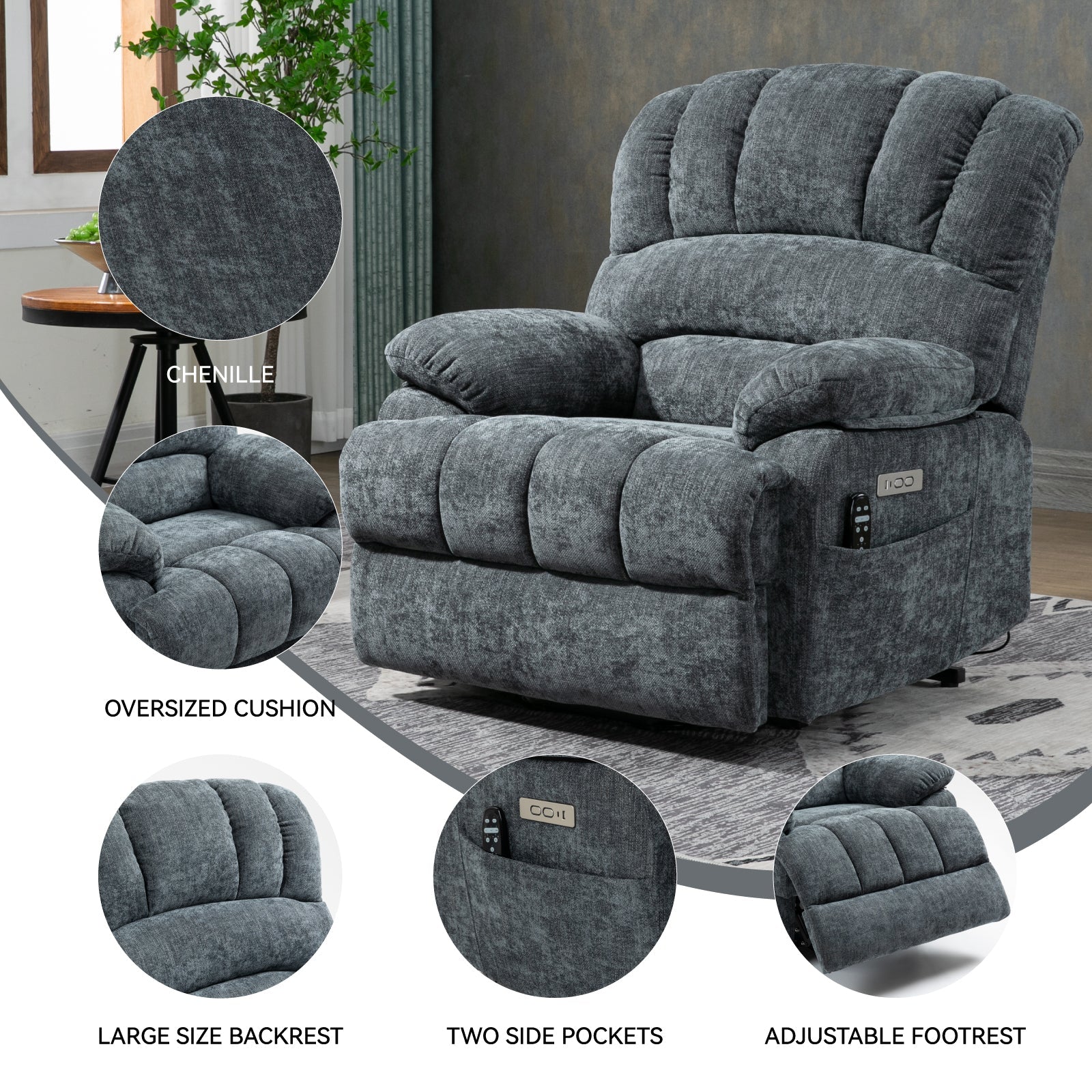 23' Seat Width and High Back Large Size Blue Grey Chenille Power Lift Recliner Chair with 8-Point Vibration Massage and Lumbar Heating