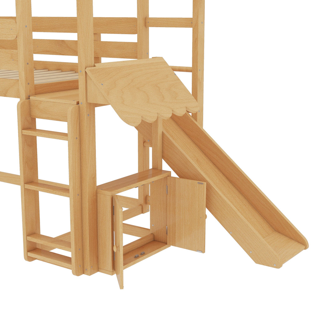 Twin Size Loft Bed with Bookshelf Playful Design for Kids House-Shaped Structure with Slide High-Quality Safety Rails,Natural