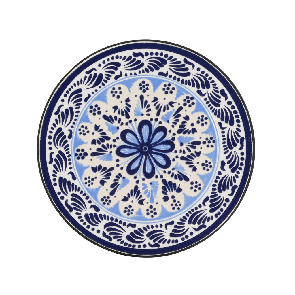 French Country Patio Side Table with Vibrant Tile Top, Blue and Black, Ceramic Tile and Iron, 14x14x23.25 Inches