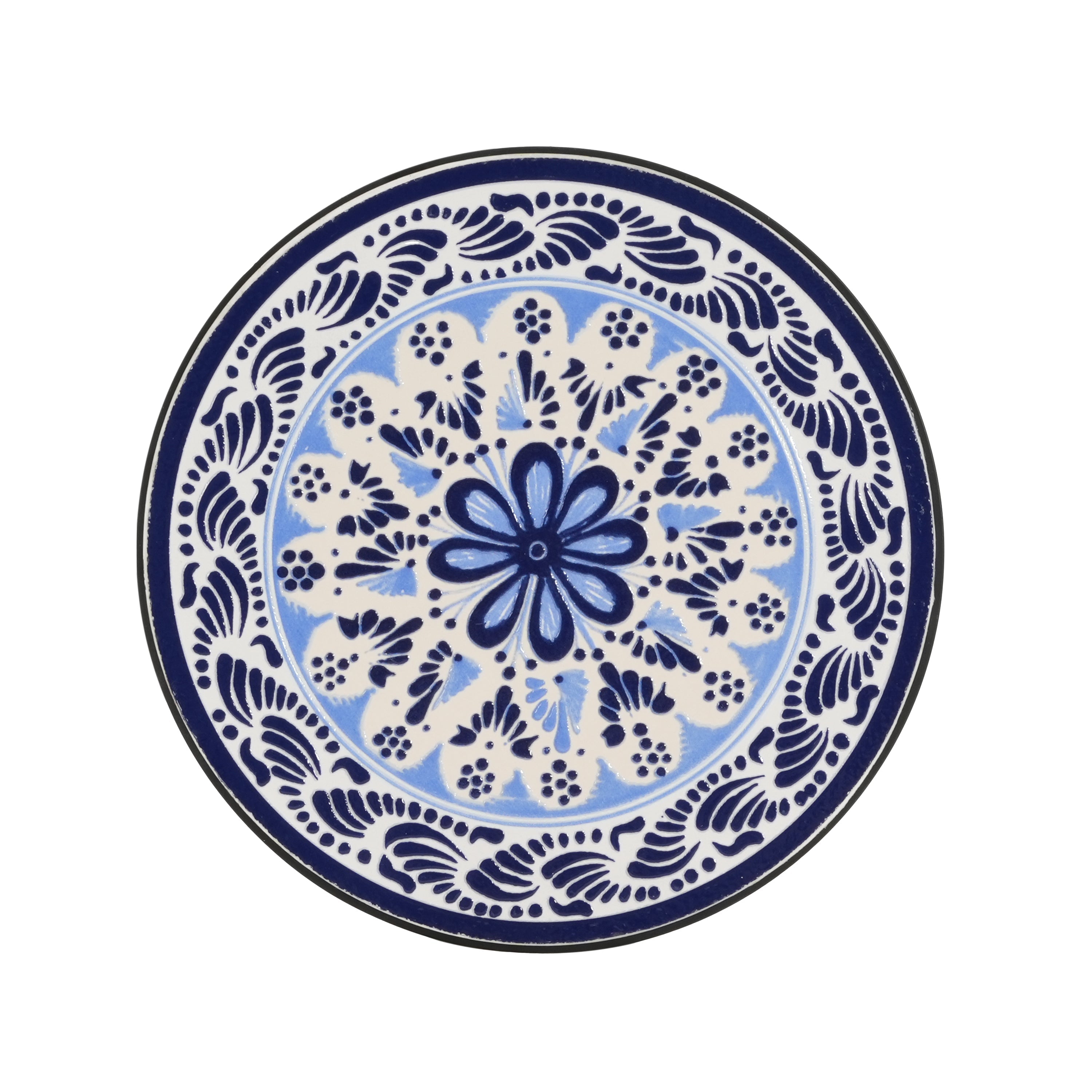 French Country Patio Side Table with Vibrant Tile Top, Blue and Black, Ceramic Tile and Iron, 14x14x23.25 Inches