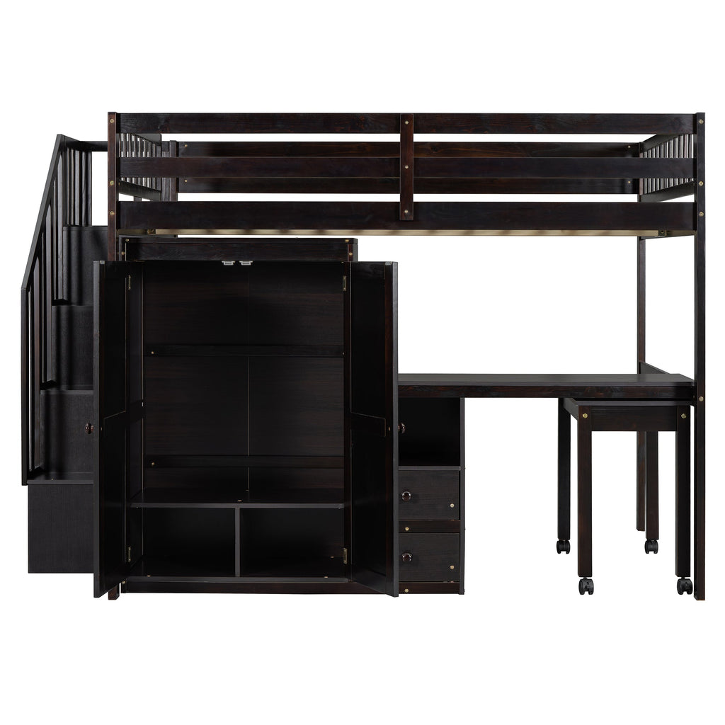 Full Size Loft Bed with Stairs, Bookshelf, Drawers, Desk & Wardrobe – Space-Saving Multifunctional Furniture for Kids & Teens-Espresso