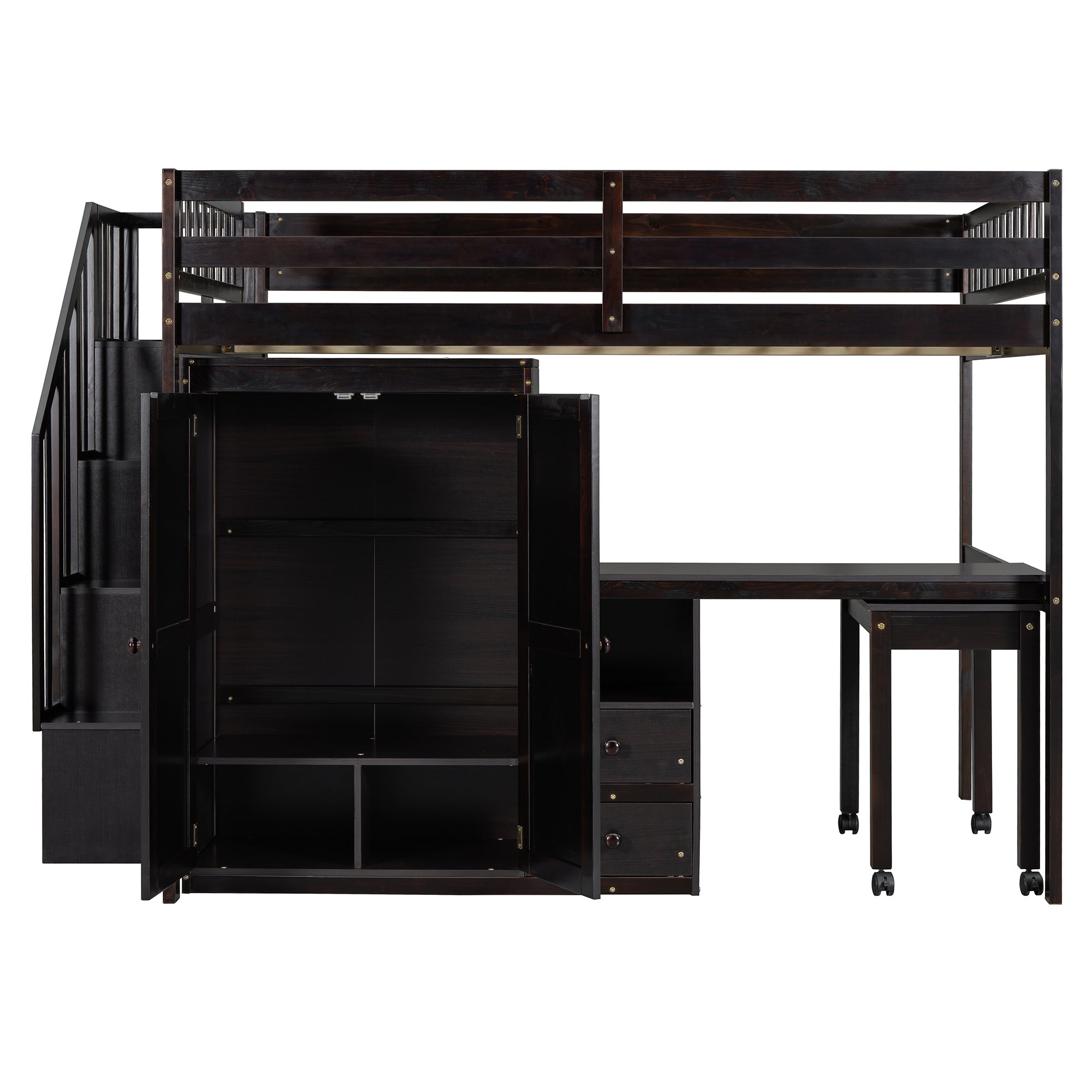 Full Size Loft Bed with Stairs, Bookshelf, Drawers, Desk & Wardrobe – Space-Saving Multifunctional Furniture for Kids & Teens-Espresso
