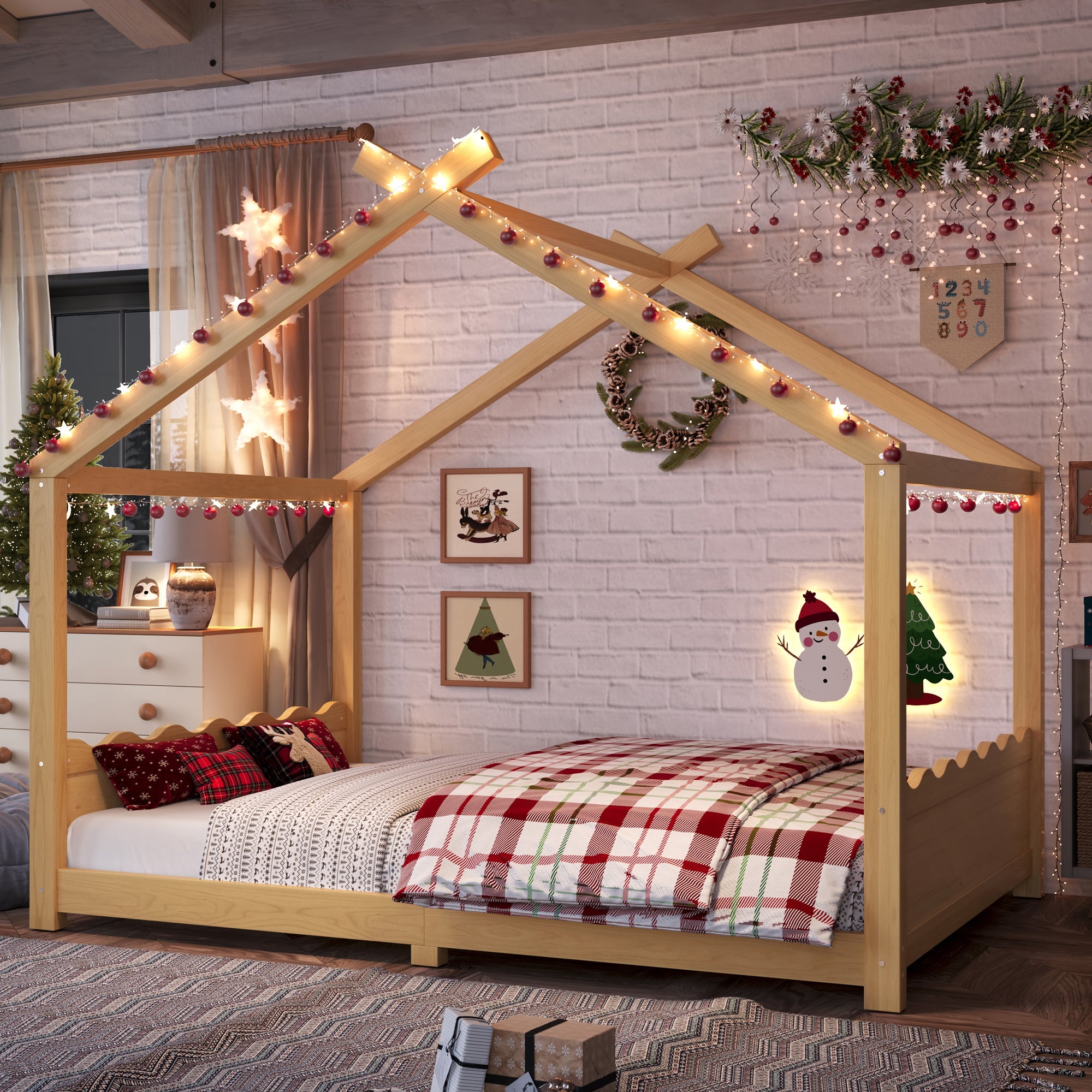 Full House Floor Bed with Support Slats, Solid Wood House Bed Frame for Kids, No Box Spring Needed and Opening Constructure, Natural
