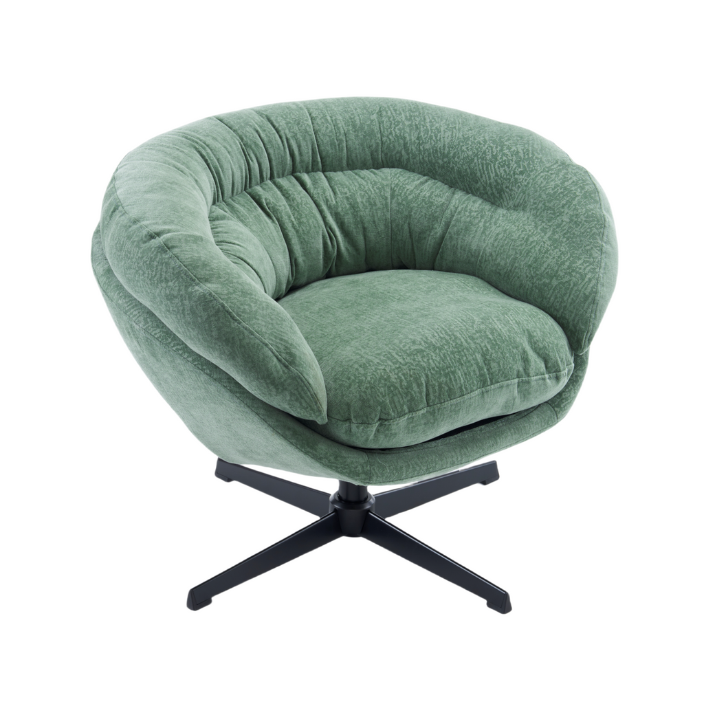 Modern Chenille Office Chair, 360° Swivel Club Chair/Accent Chair with Removable Cushion, Round Office Chair, Black Metal Base, Cotton Material, Living Room, Bedroom, Reading Corner, Office (Green)