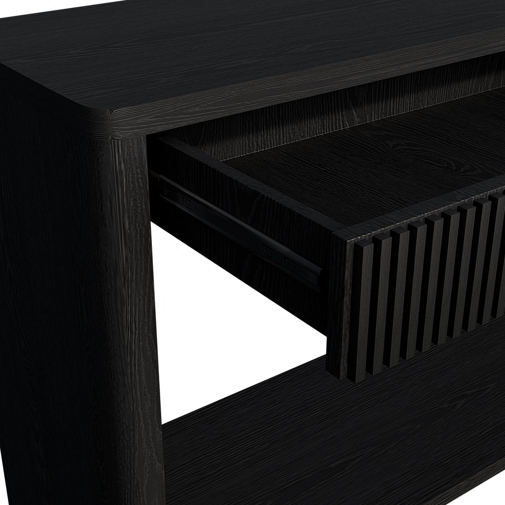 60' Modern 2-Drawer Fluted Console Table Natural Wood Veneer Sofa Table Behind Couch Table for Living Room, Hallway, Entryway, Home Office, Black