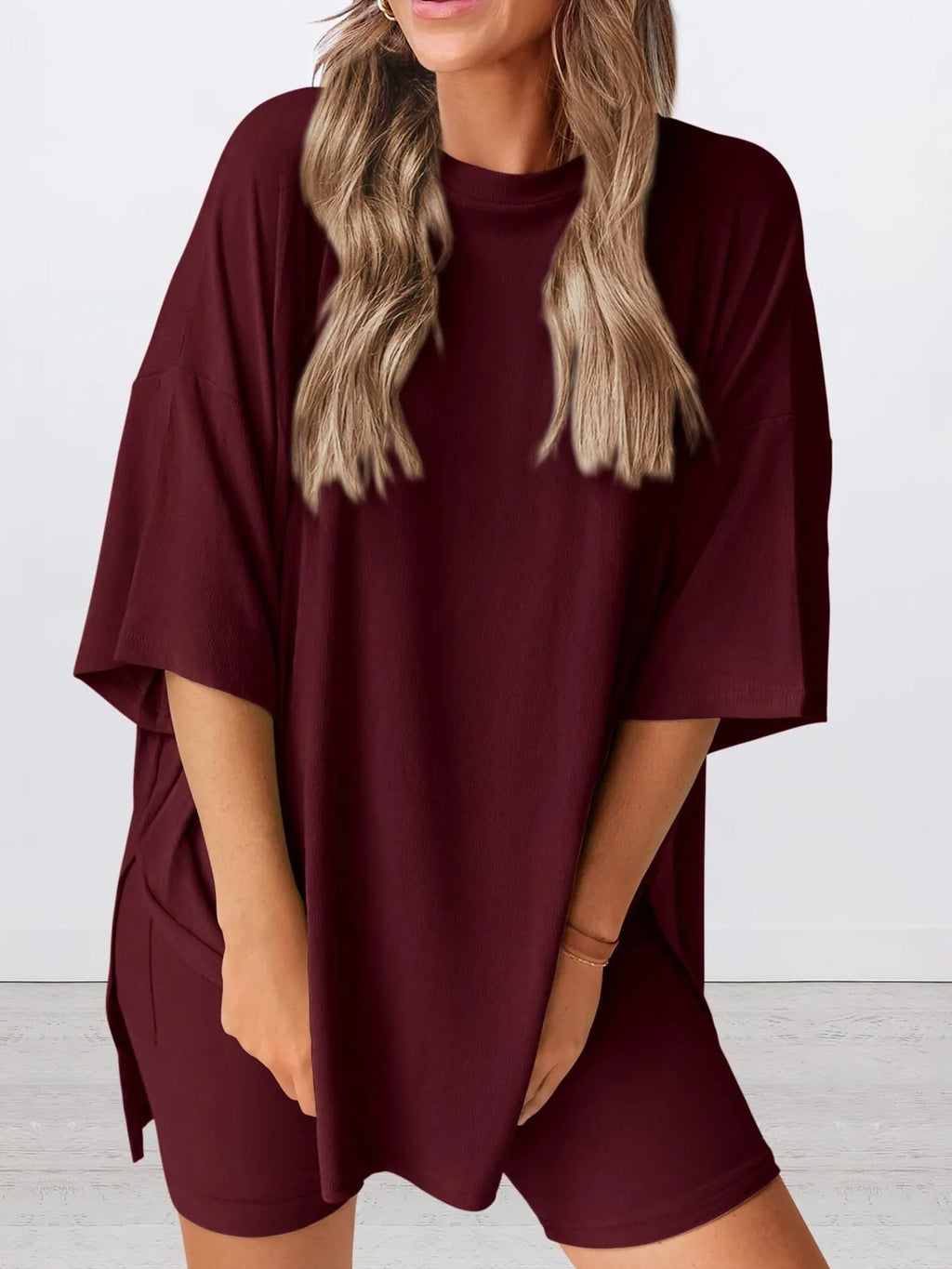Oversized Slit Round Neck Top and Shorts Lounge Set Plus Size