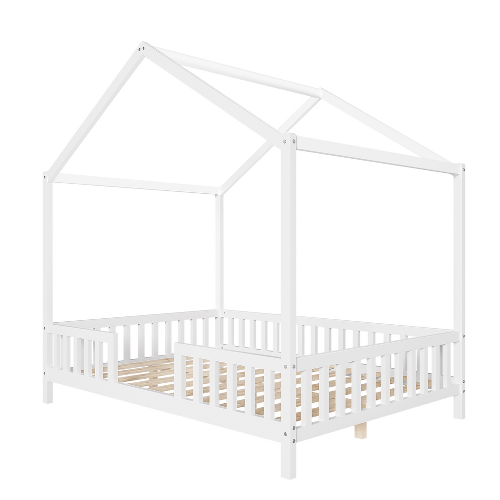 Montessori Floor Bed with Canopy, Full Bed Frame for Kids, House Shape Kids Bed Frame with High Railings, Wood Kids Bed with Roof, Kid Full Bed, White