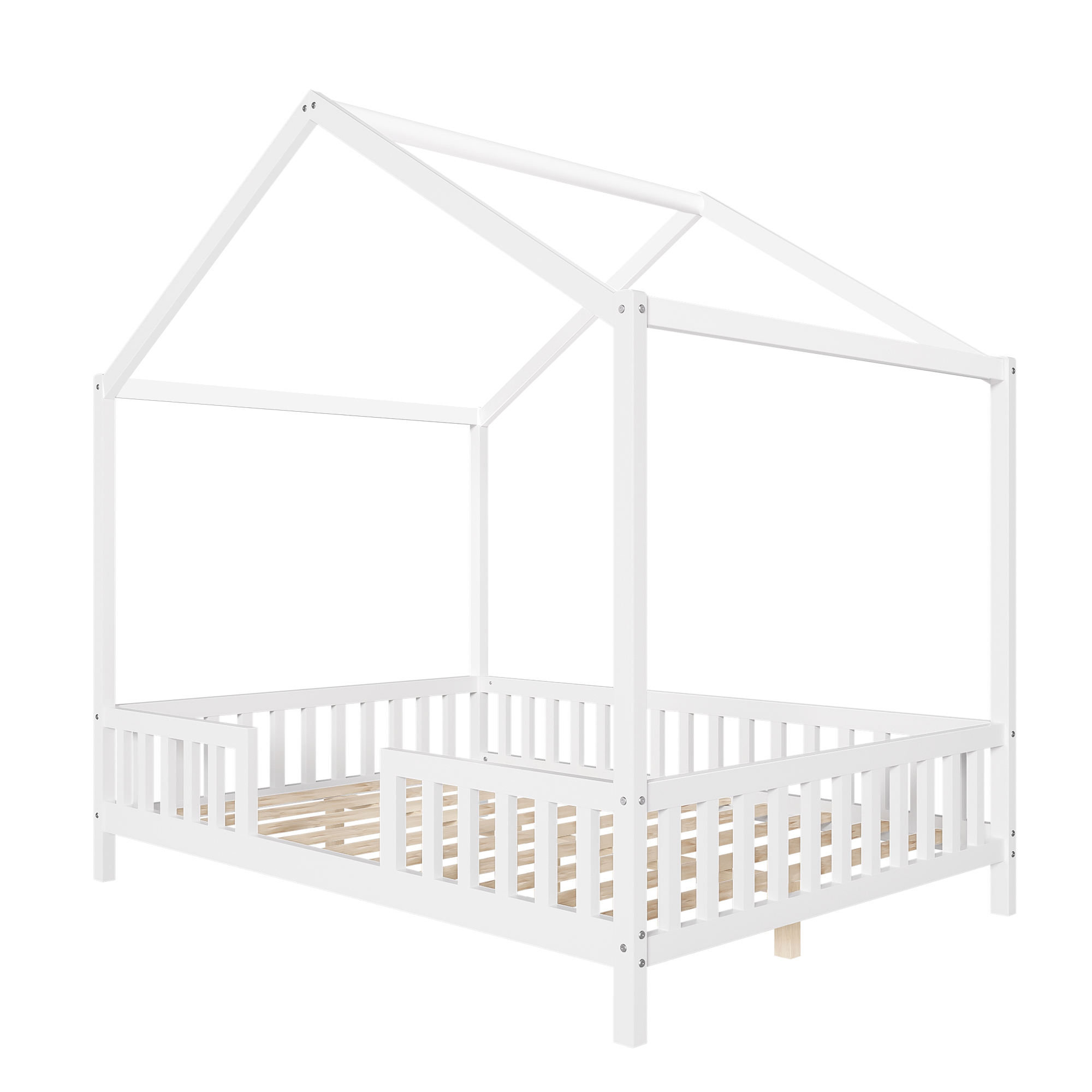 Montessori Floor Bed with Canopy, Full Bed Frame for Kids, House Shape Kids Bed Frame with High Railings, Wood Kids Bed with Roof, Kid Full Bed, White